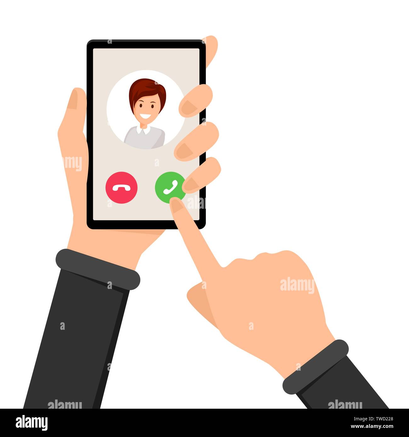 Chiamata in arrivo, il telefono che squilla illustrazione vettoriale. Mano azienda smartphone e puntare il dito in corrispondenza di un pulsante per la risposta. Opzione interfaccia, alternativa sulla schermata Telefono, accettare o rifiutare la scelta Illustrazione Vettoriale