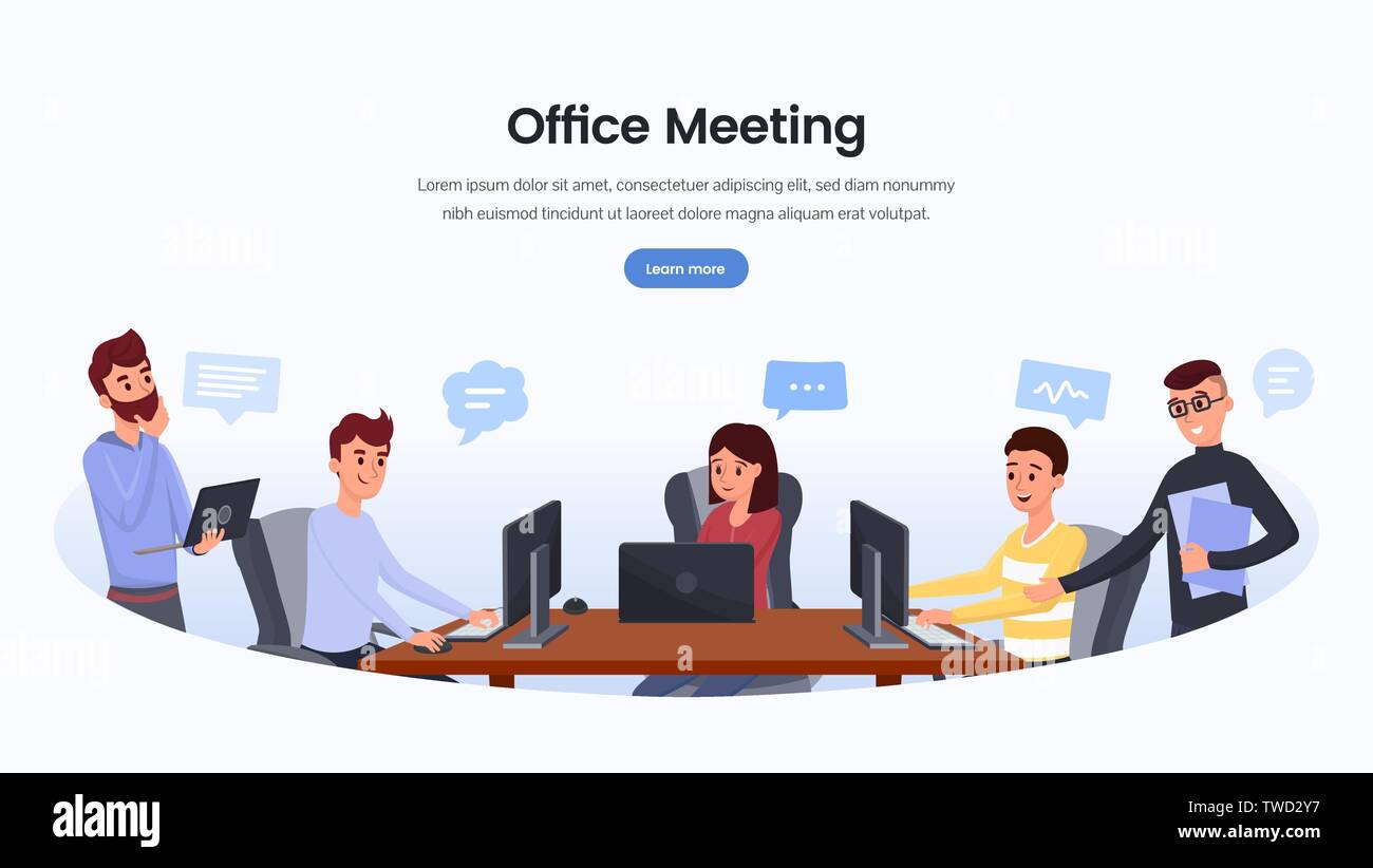 Team di sviluppo aziendale landing page modello. Office meeting webpage, conferenza banner web concetto. I colleghi per discutere la strategia aziendale, il team building illustrazione con lo spazio di testo Illustrazione Vettoriale