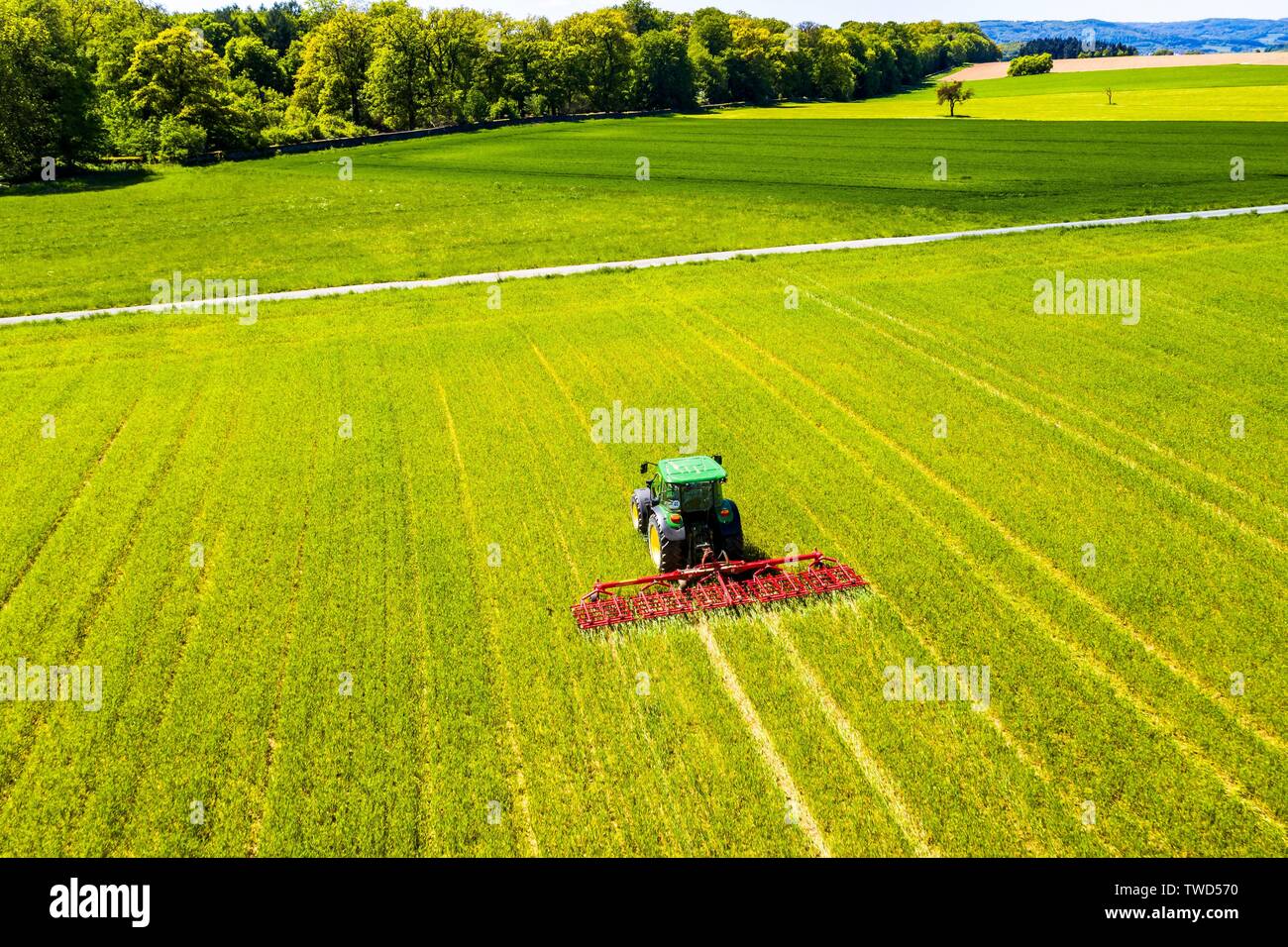 Drone shot, il trattore lavora su un campo, Hesse, Germania Foto Stock