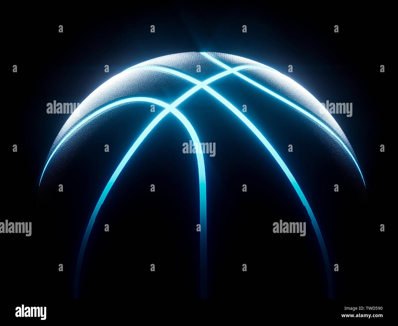 3D rendering della singola nero a pallacanestro con blu brillante incandescente linee neon in seduta completamente nero dintorni Foto Stock