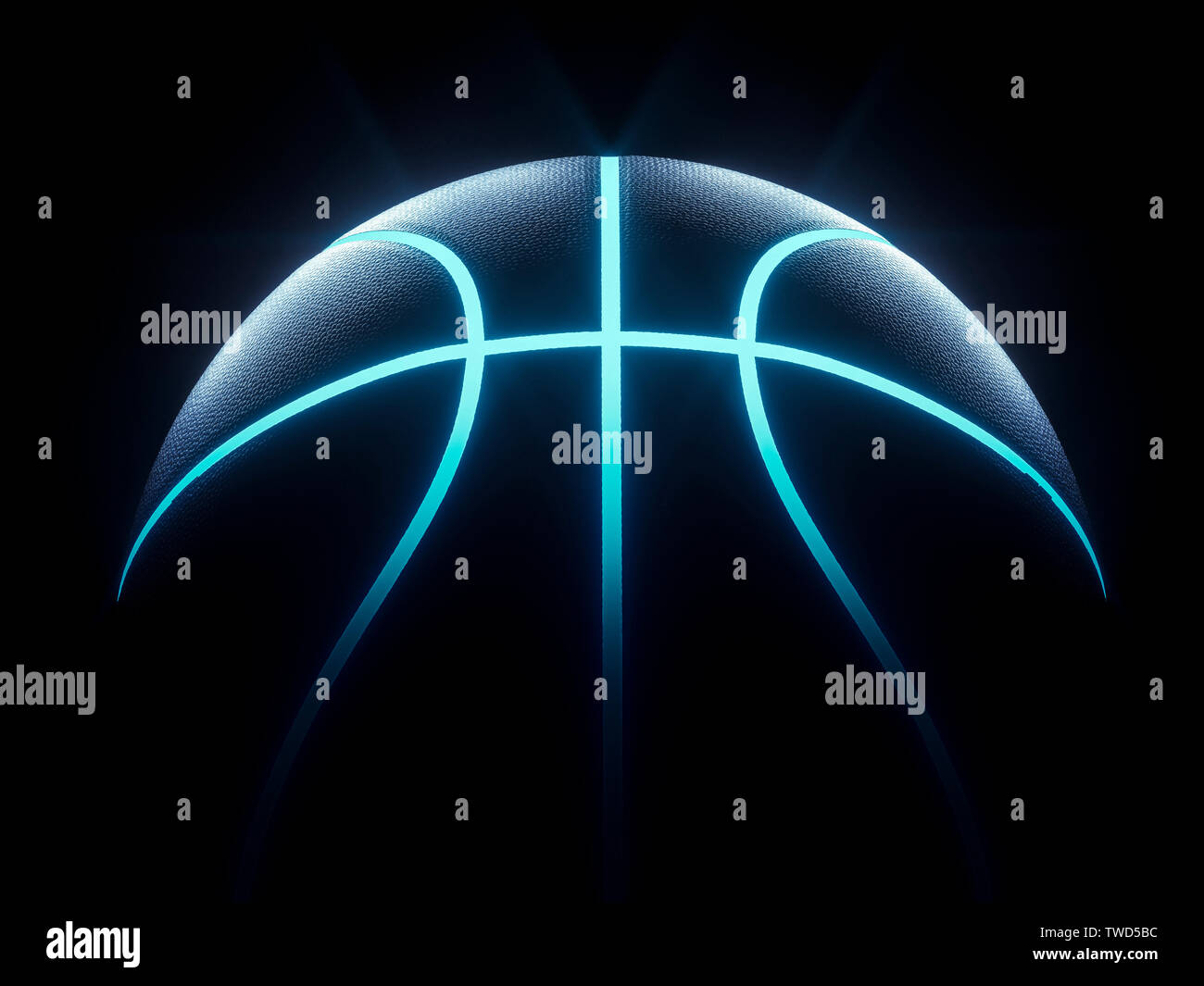 3D rendering del futuristico concetto sport pallacanestro, illuminata con linee blu su sfondo nero Foto Stock