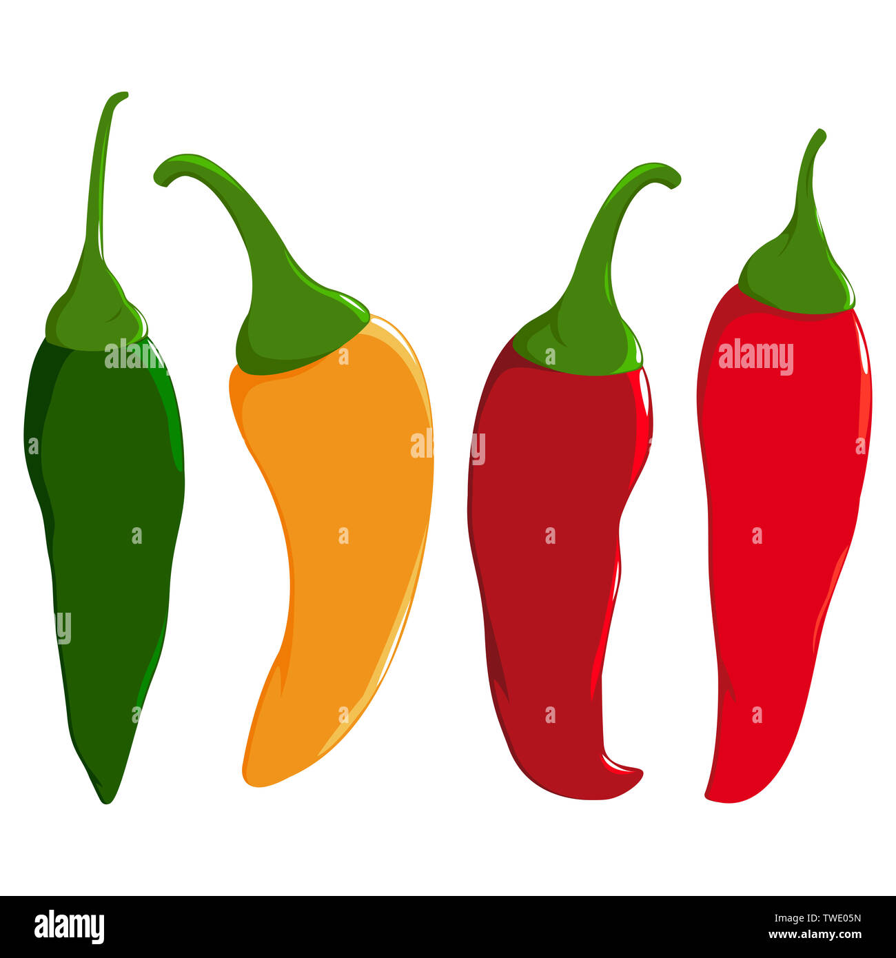 Pepe di Jalapeno. Set di peperoncini caldi in quattro colori. Peperoncini rossi, verdi e gialli. Foto Stock