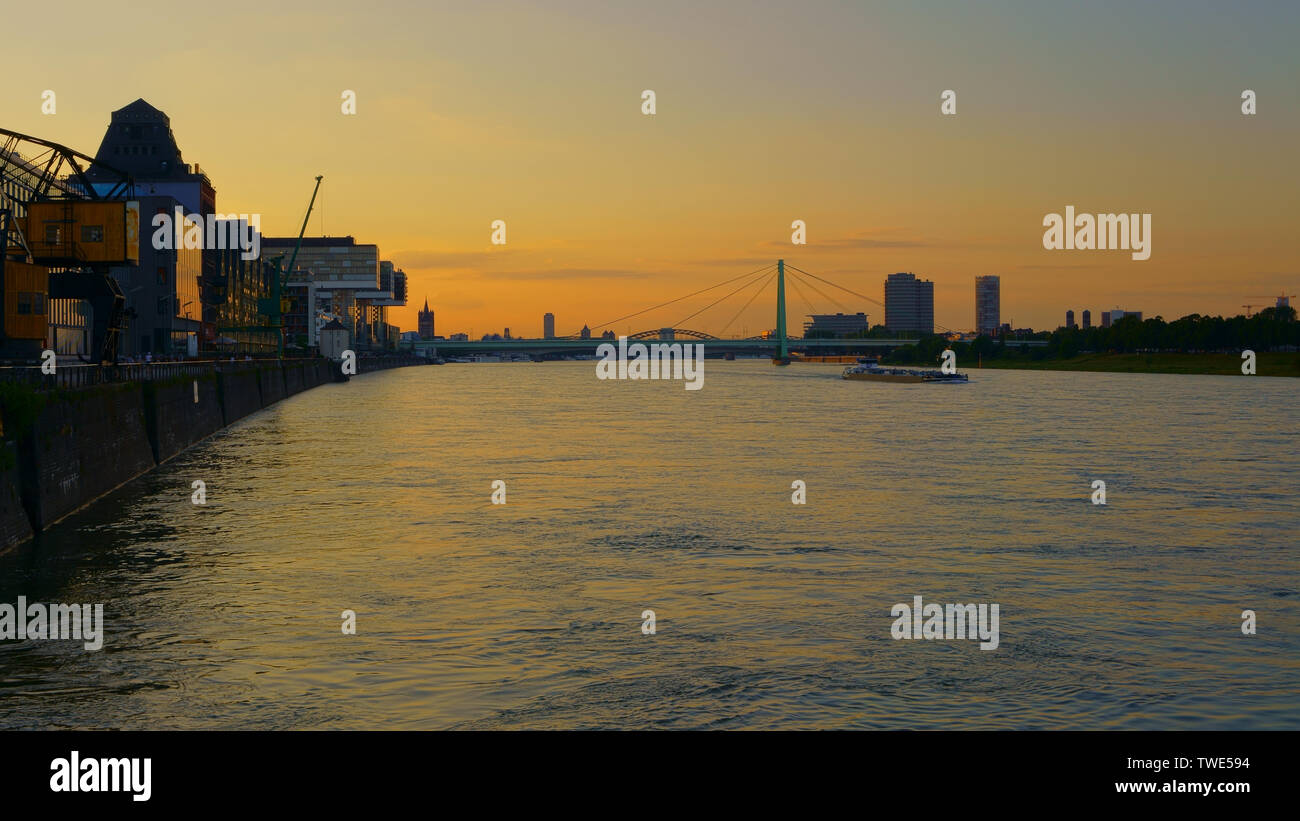 Bellissimo tramonto sul fiume Reno. Paesaggio urbano di Colonia, nella Renania settentrionale-Vestfalia (Germania). Foto Stock