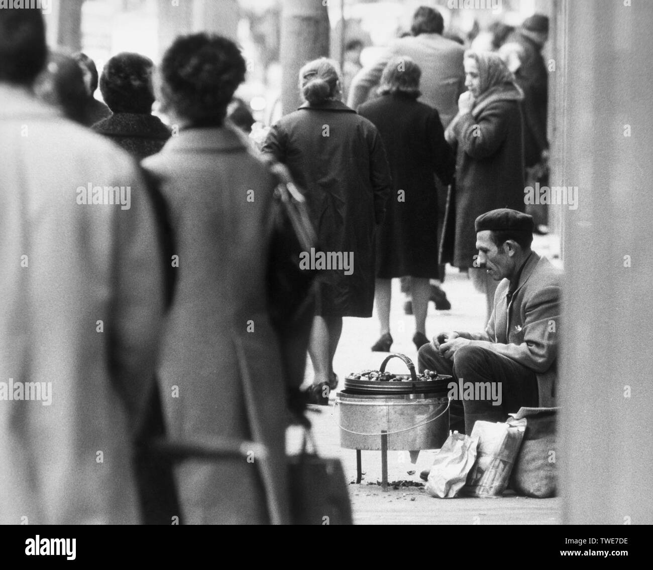 Italia Lazio Roma, venditore di castagne arrosto, 1971 Foto Stock
