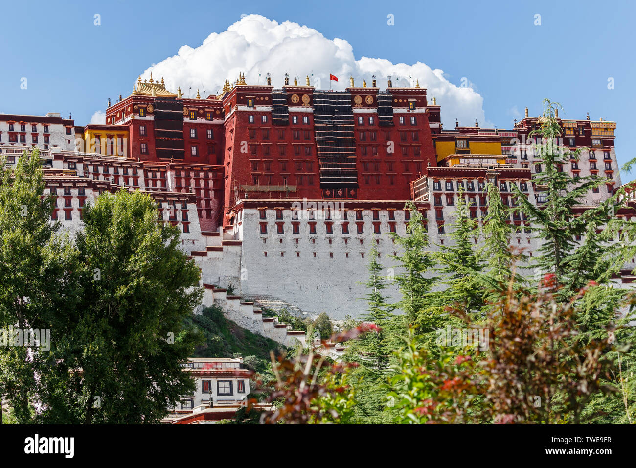 Vista sulla parte principale del palazzo del Potala (Lhasa, in Tibet) con il cielo blu e una grande nuvola in background. Verdi alberi sulla sinistra & destra completa la foto. Foto Stock