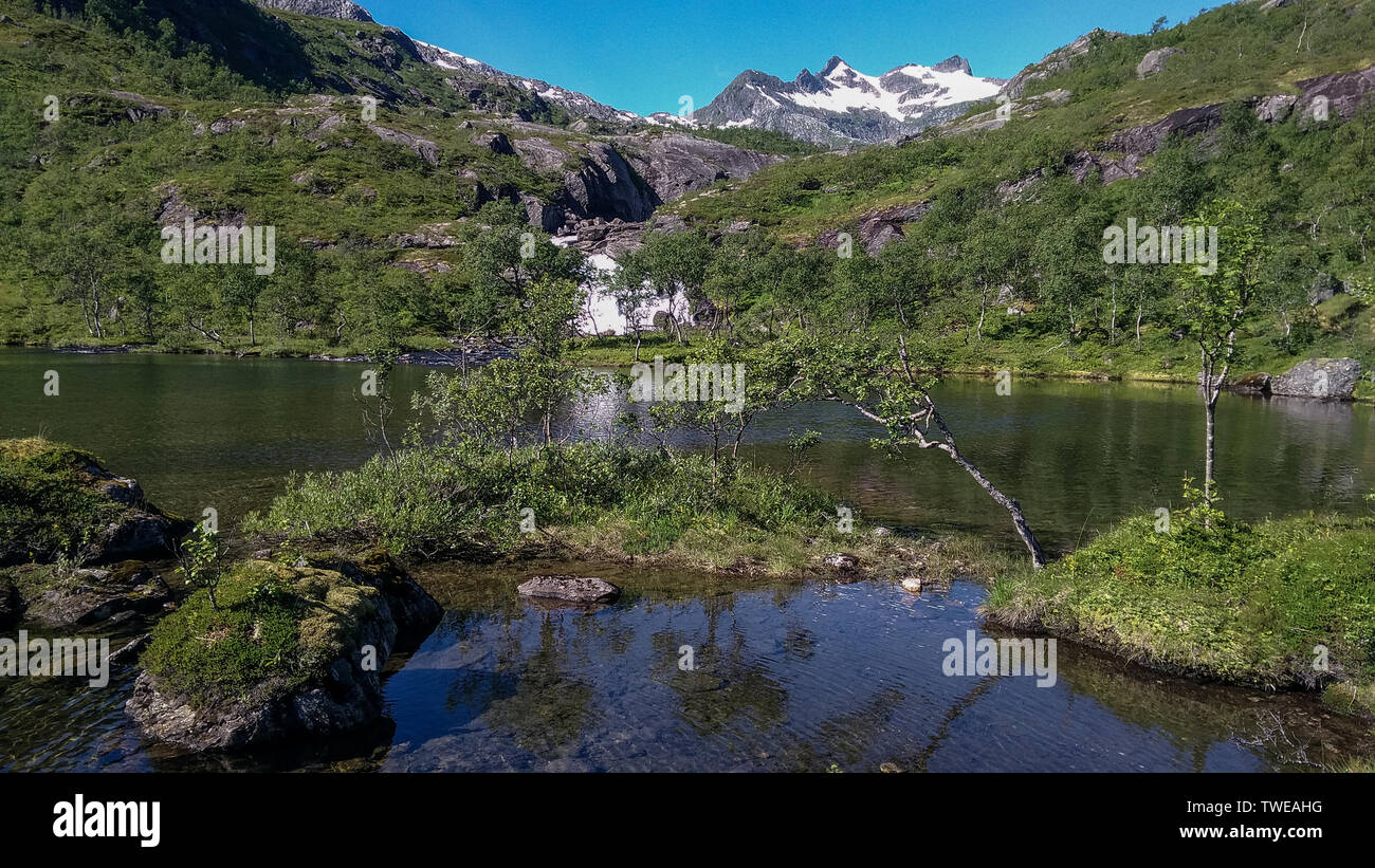 Lago di montagna paesaggio estivo di Norvegia con cascata, alberi verdi e blu cielo Foto Stock