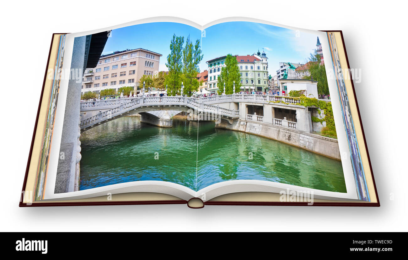 Il famoso 'Ponte triplo' su Lubiana (Slovenia - Europa) - Le persone non sono riconoscibili. 3D render di un aperto photo book isolato su bianco - sto t Foto Stock