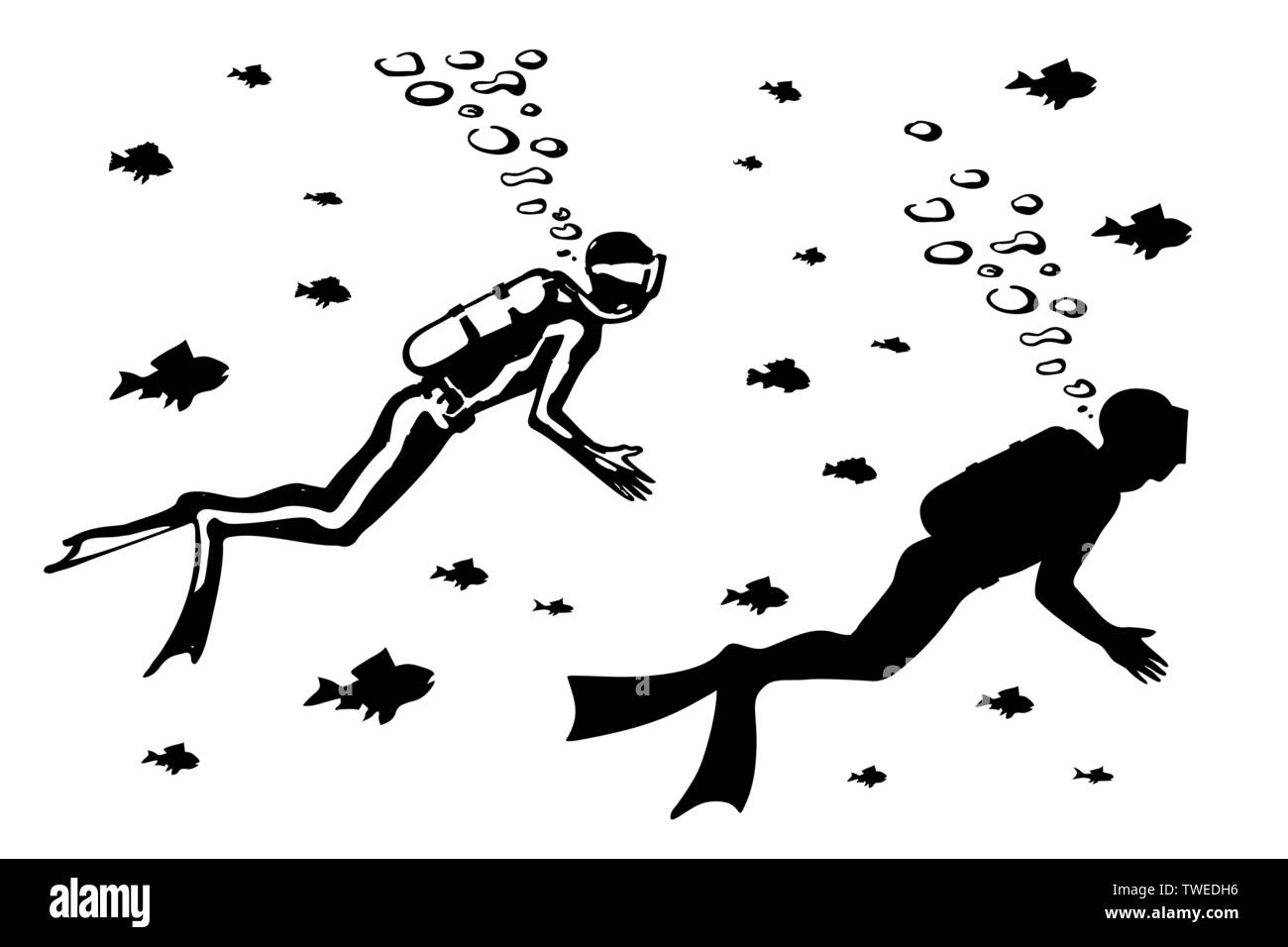 Silhouette di scuba diver nuoto Illustrazione Vettoriale