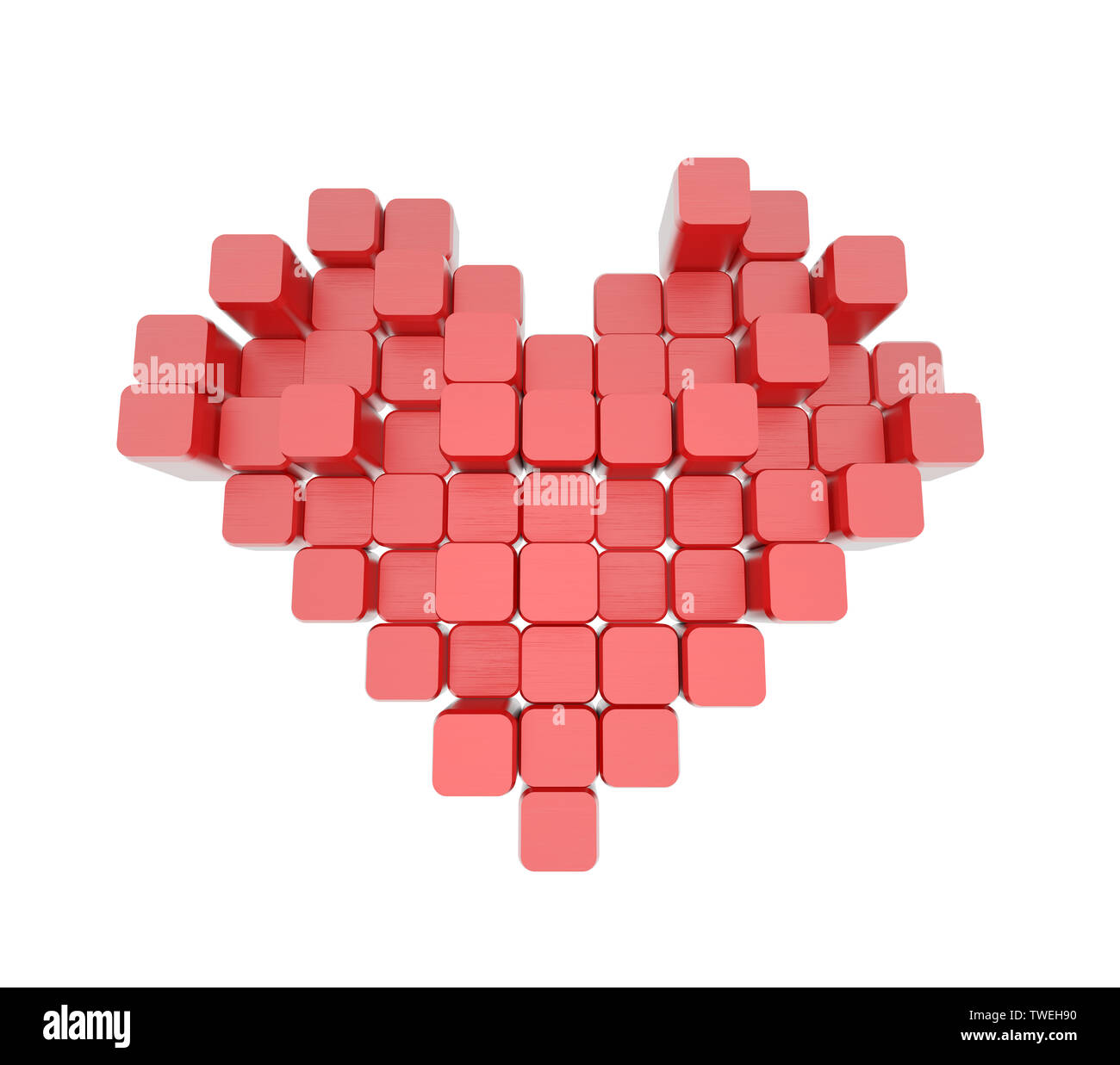 Modello 3D del cuore rosso, costituito da blocchi - cubi isolato su uno sfondo bianco. Pixel o voxel art. Foto Stock