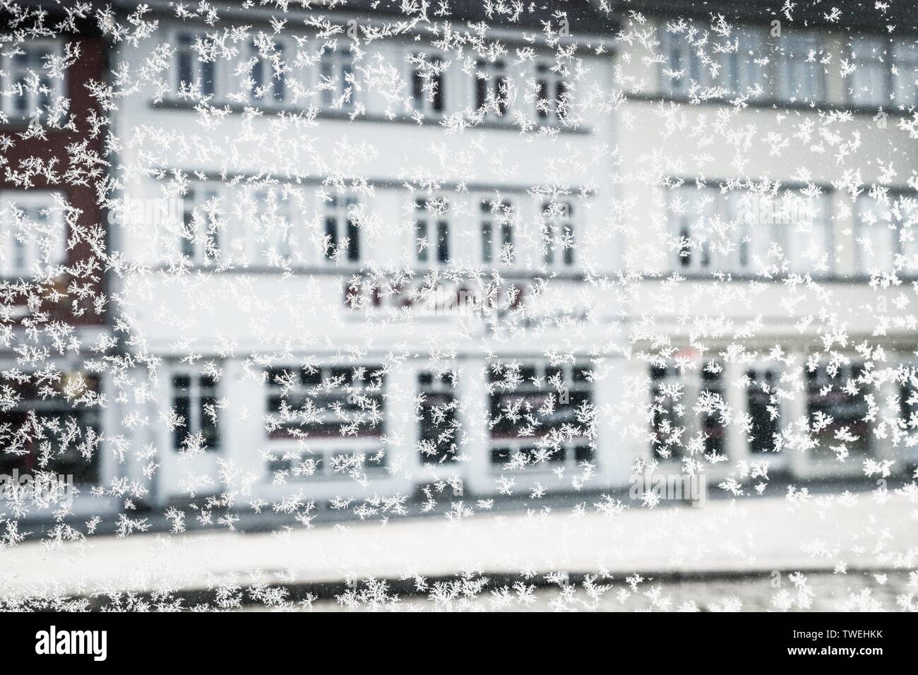 Prima neve e fiocchi di neve su un vetro di un finestrino su sfocata sullo sfondo della casa Foto Stock
