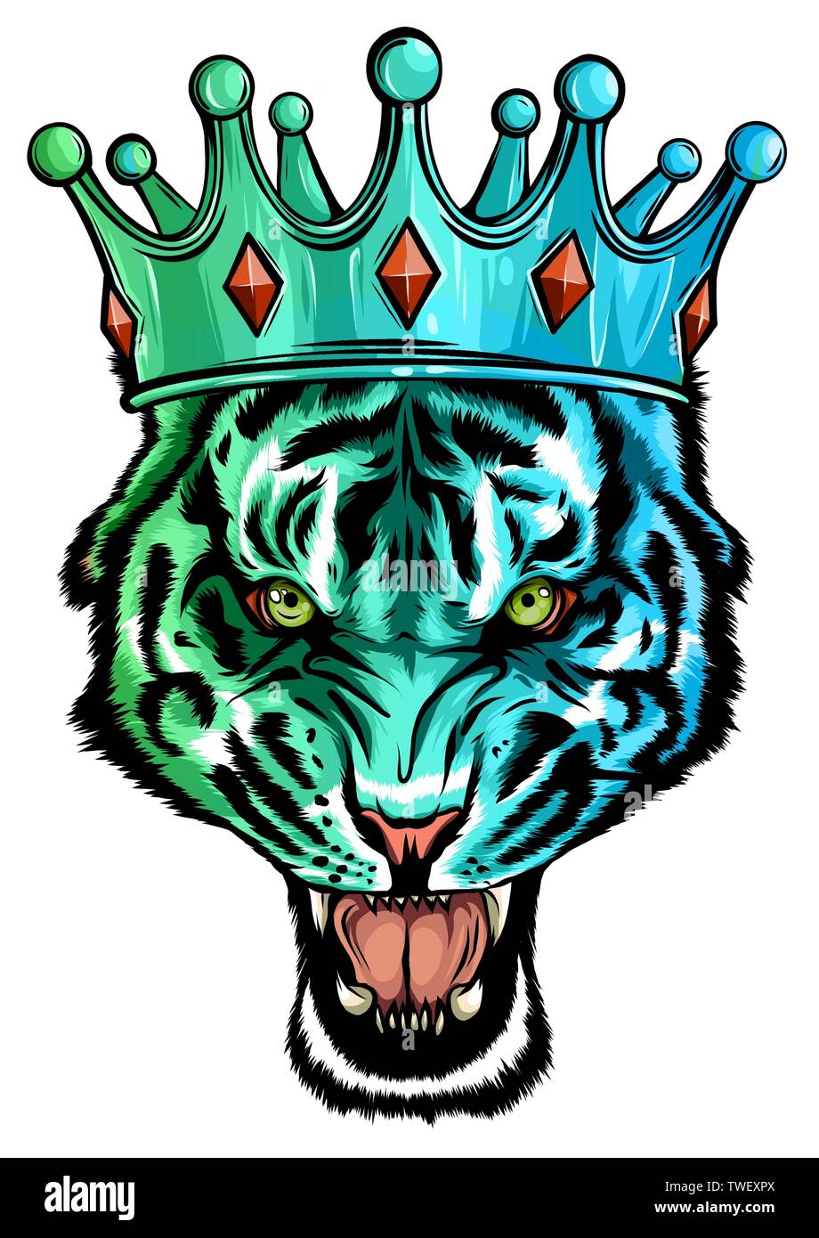 Ritratto di una tigre con una corona d'oro sulla sua testa, grinning nel vettore di furia Illustrazione Vettoriale