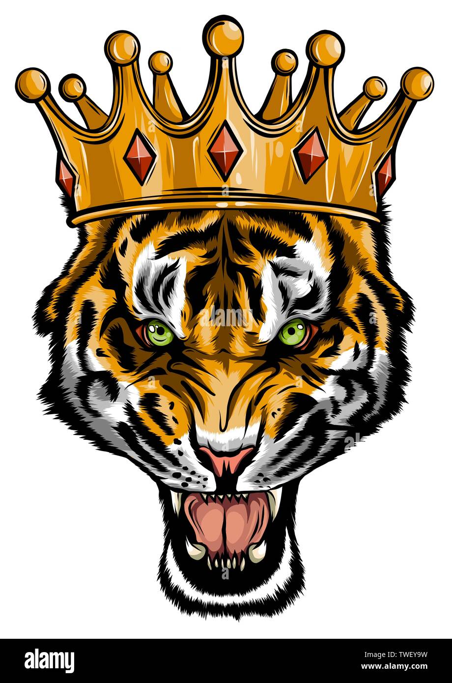 Ritratto di una tigre con una corona d'oro sulla sua testa, grinning nel vettore di furia Illustrazione Vettoriale