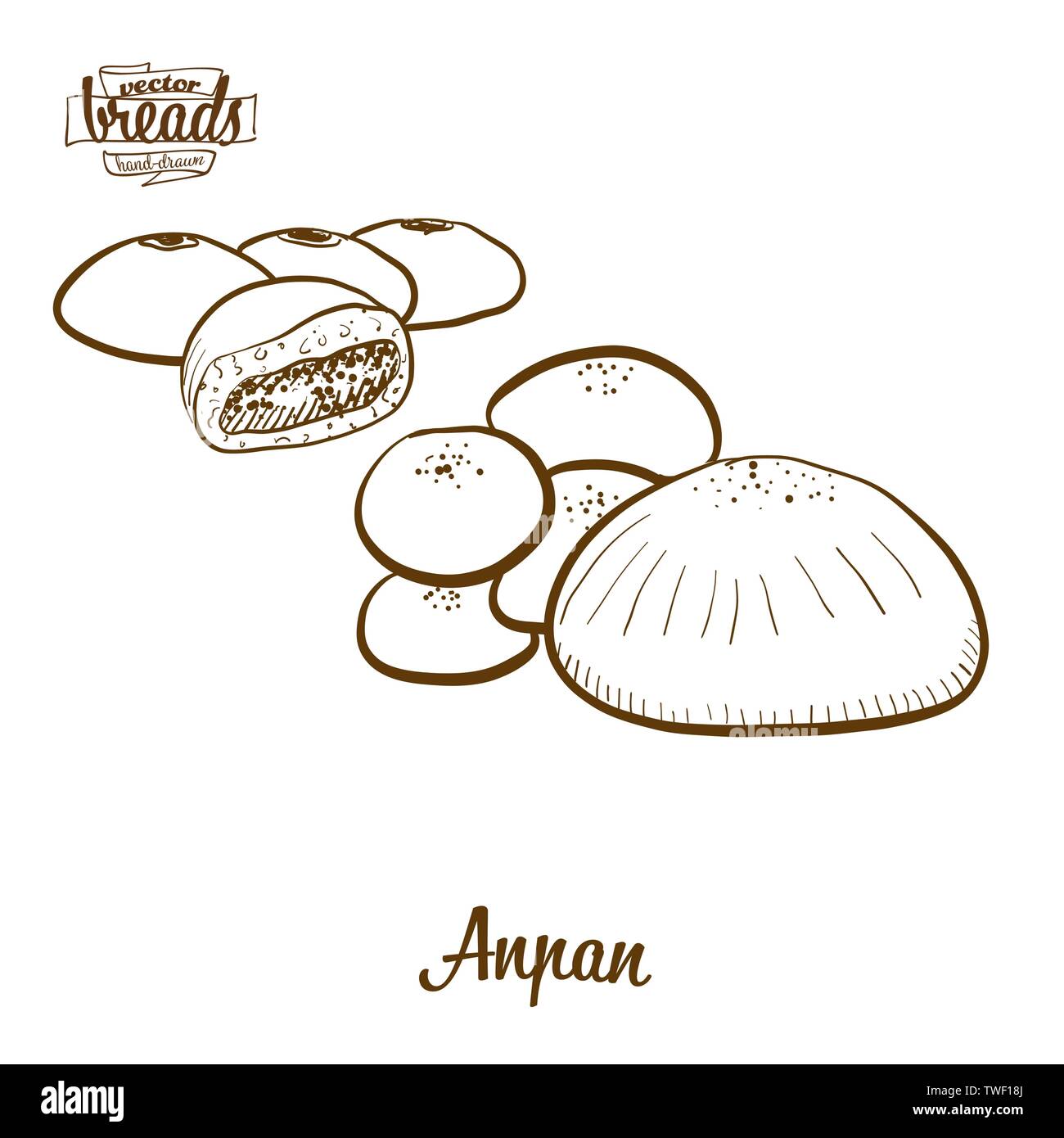 Pane Anpan disegno vettoriale. Schizzo di cibo di dolce bun, usualmente noto in Giappone. Illustrazione da forno serie. Illustrazione Vettoriale