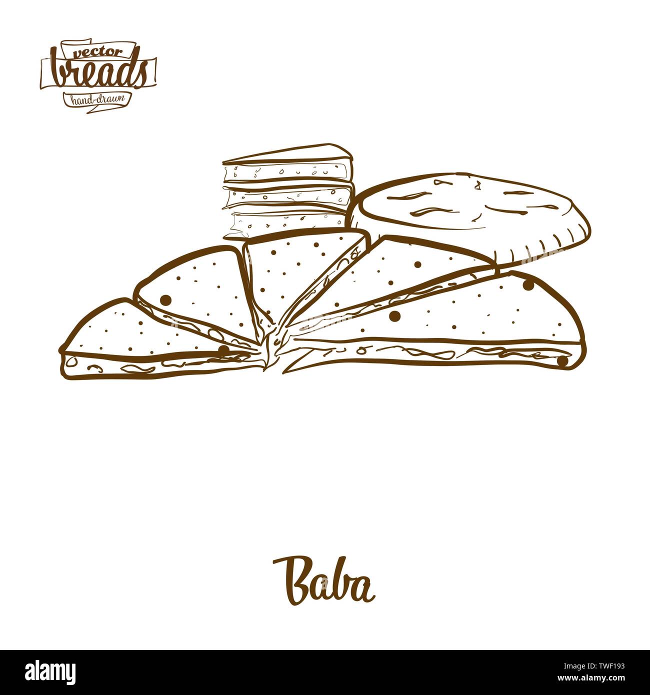 Baba pane disegno vettoriale. Schizzo di cibo di vario spessore, pane rotondo, usualmente noto in Cina Yunnan, naxi, persone. Illustrazione da forno serie. Illustrazione Vettoriale