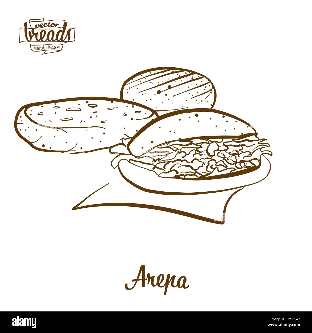 Arepa pane disegno vettoriale. Schizzo di cibo di Cornbread, usualmente noto in Sud America. Illustrazione da forno serie. Illustrazione Vettoriale