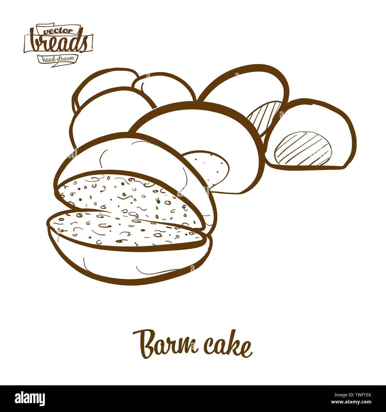 Torta di grano pane disegno vettoriale. Schizzo di alimentare il lievito di pane, usualmente noto nel Lancashire. Illustrazione da forno serie. Illustrazione Vettoriale