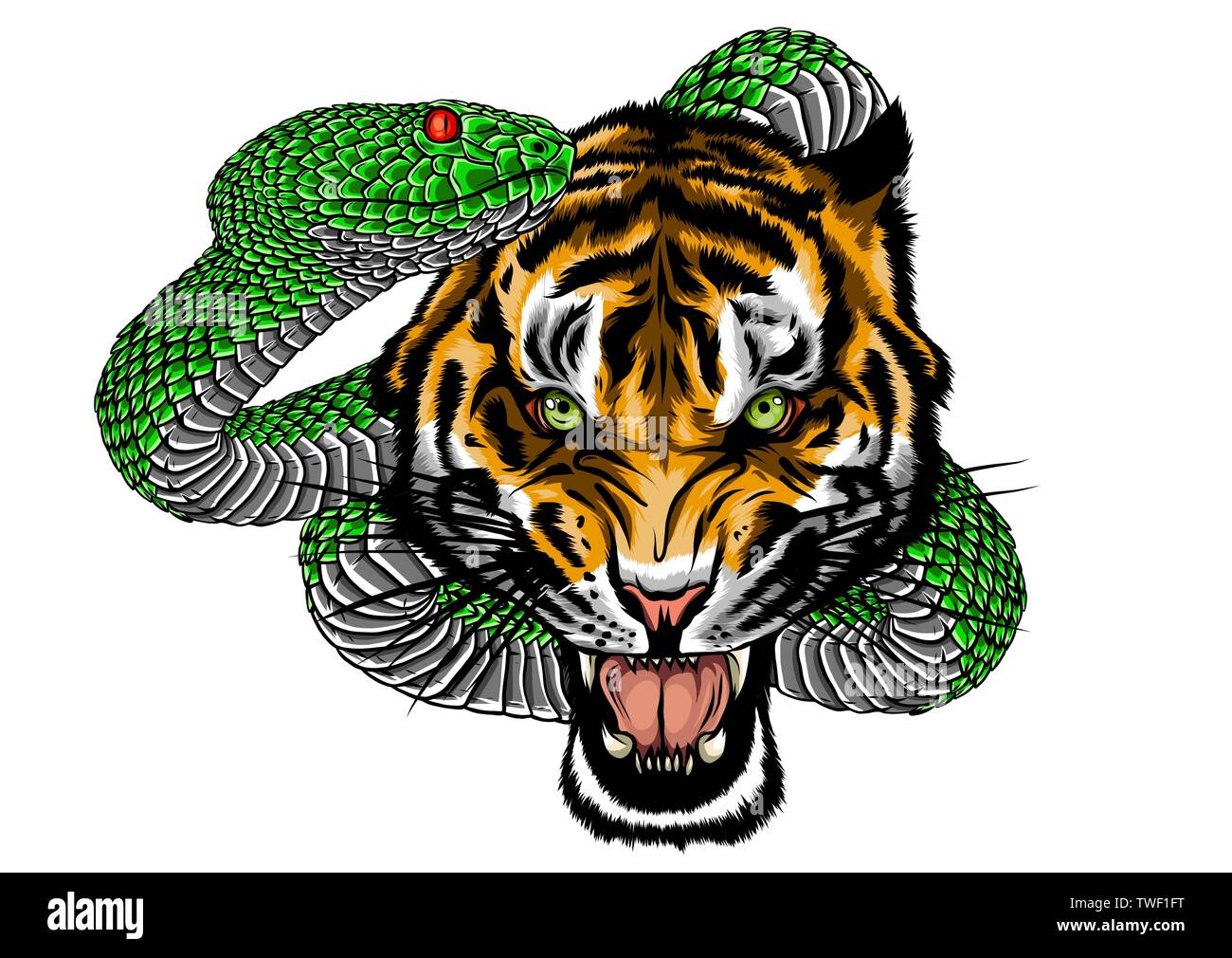 Snake e tiger combattimenti, tattoo illustrazione vettoriale Illustrazione Vettoriale