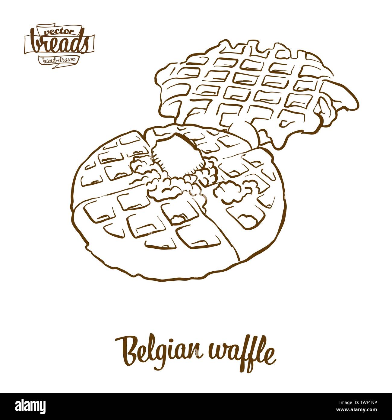 I waffle belgi pane disegno vettoriale. Schizzo di cibo di cialda, usualmente noto in Belgio. Illustrazione da forno serie. Illustrazione Vettoriale