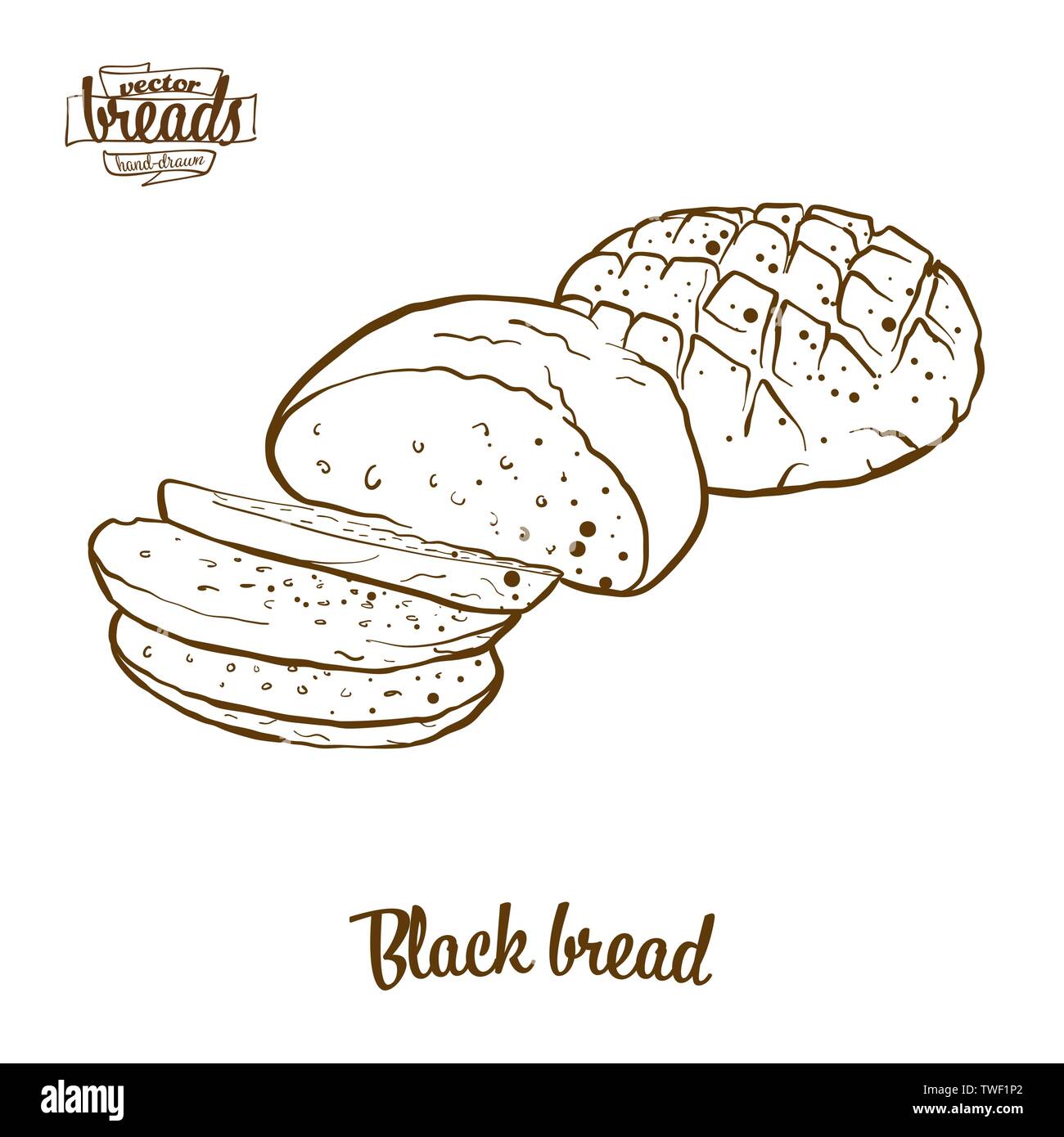 Pane nero pane disegno vettoriale. Schizzo di cibo del pane di segale, di solito conosciuto in Europa. Illustrazione da forno serie. Illustrazione Vettoriale