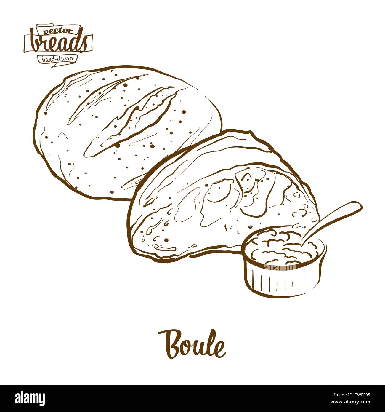 Boule pane disegno vettoriale. Schizzo di alimentare il lievito di pane, usualmente noto in Francia. Illustrazione da forno serie. Illustrazione Vettoriale