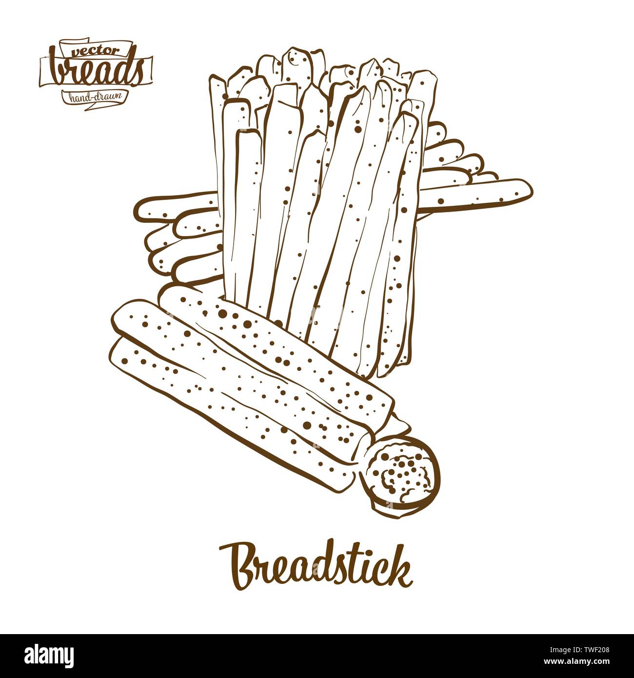 Grissino pane disegno vettoriale. Schizzo di cibo di pane secco, usualmente noto in Italia. Illustrazione da forno serie. Illustrazione Vettoriale