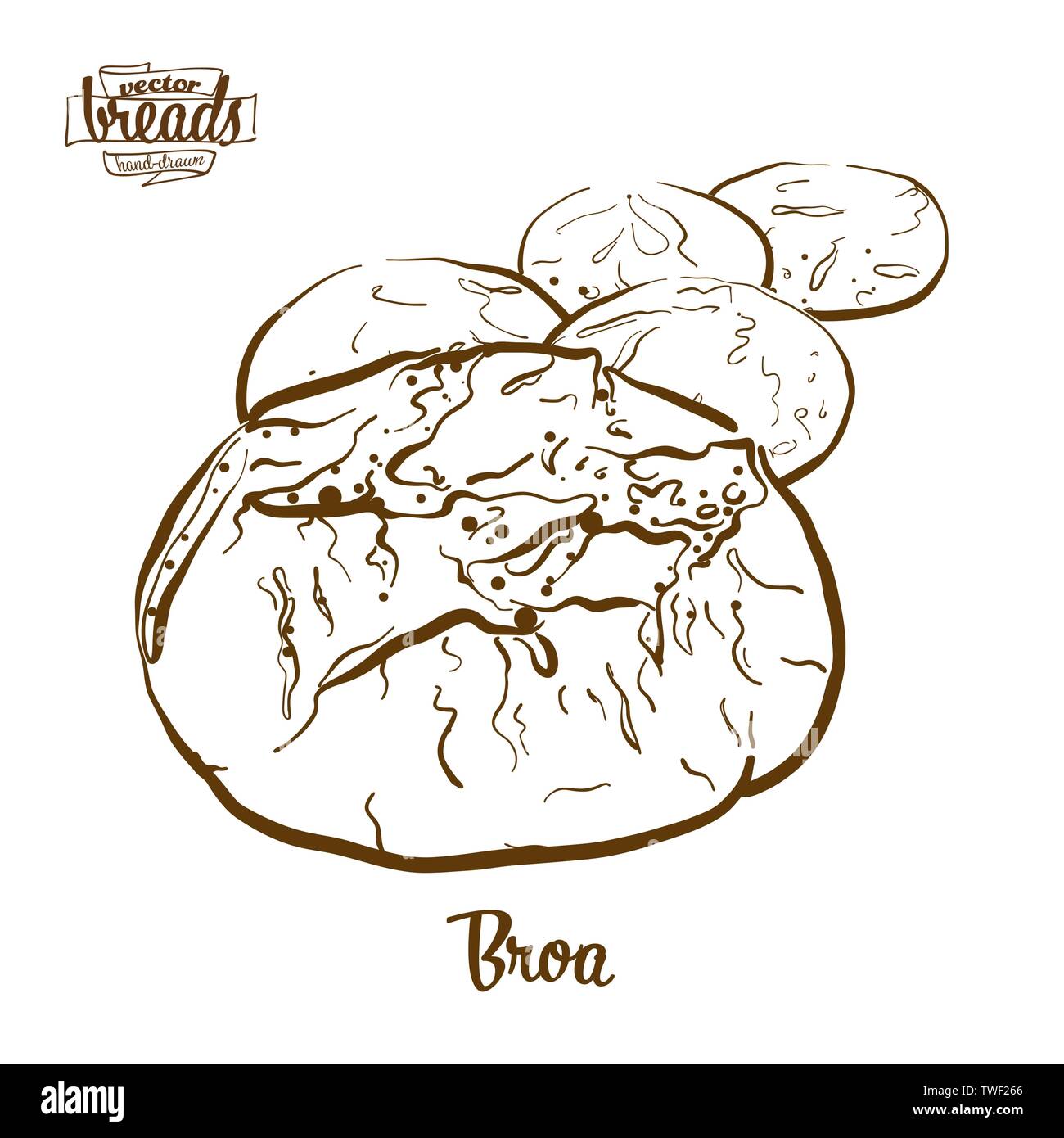 Pane Broa disegno vettoriale. Schizzo di cibo di Cornbread, usualmente noto in Portogallo. Illustrazione da forno serie. Illustrazione Vettoriale