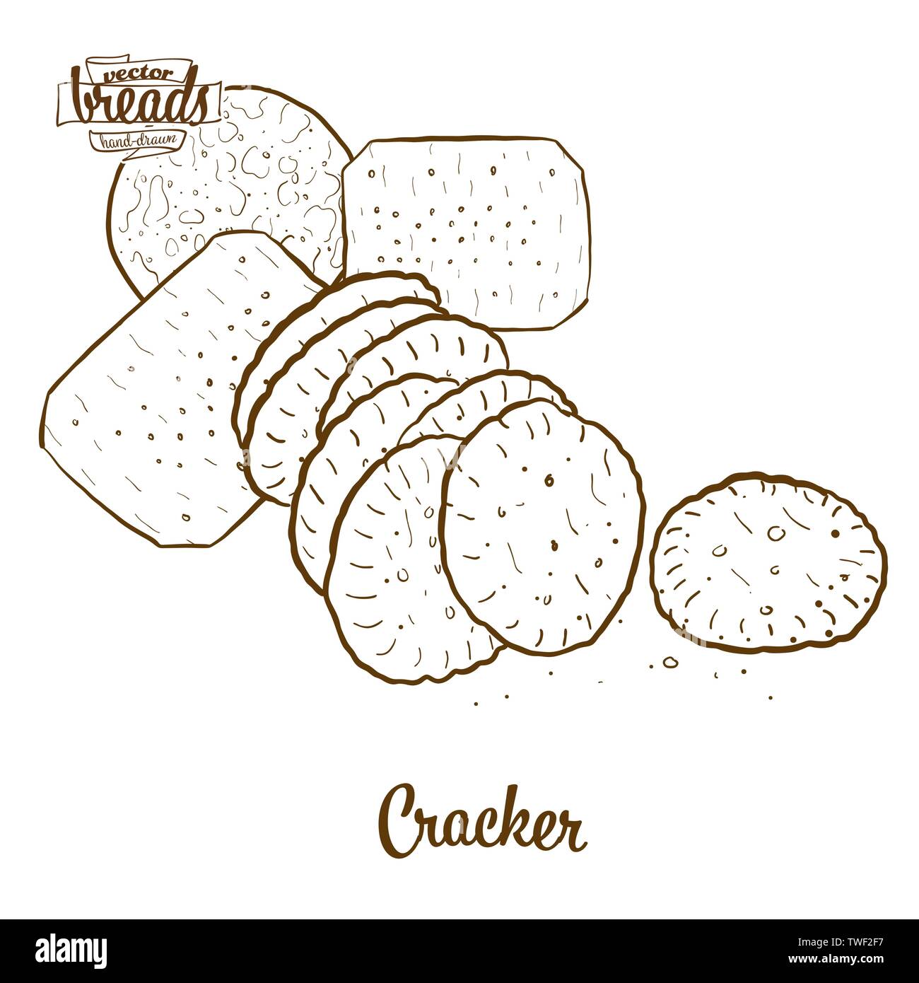 Pane del cracker di disegno vettoriale. Schizzo di cibo del pane croccante, usualmente noto a livello internazionale. Illustrazione da forno serie. Illustrazione Vettoriale