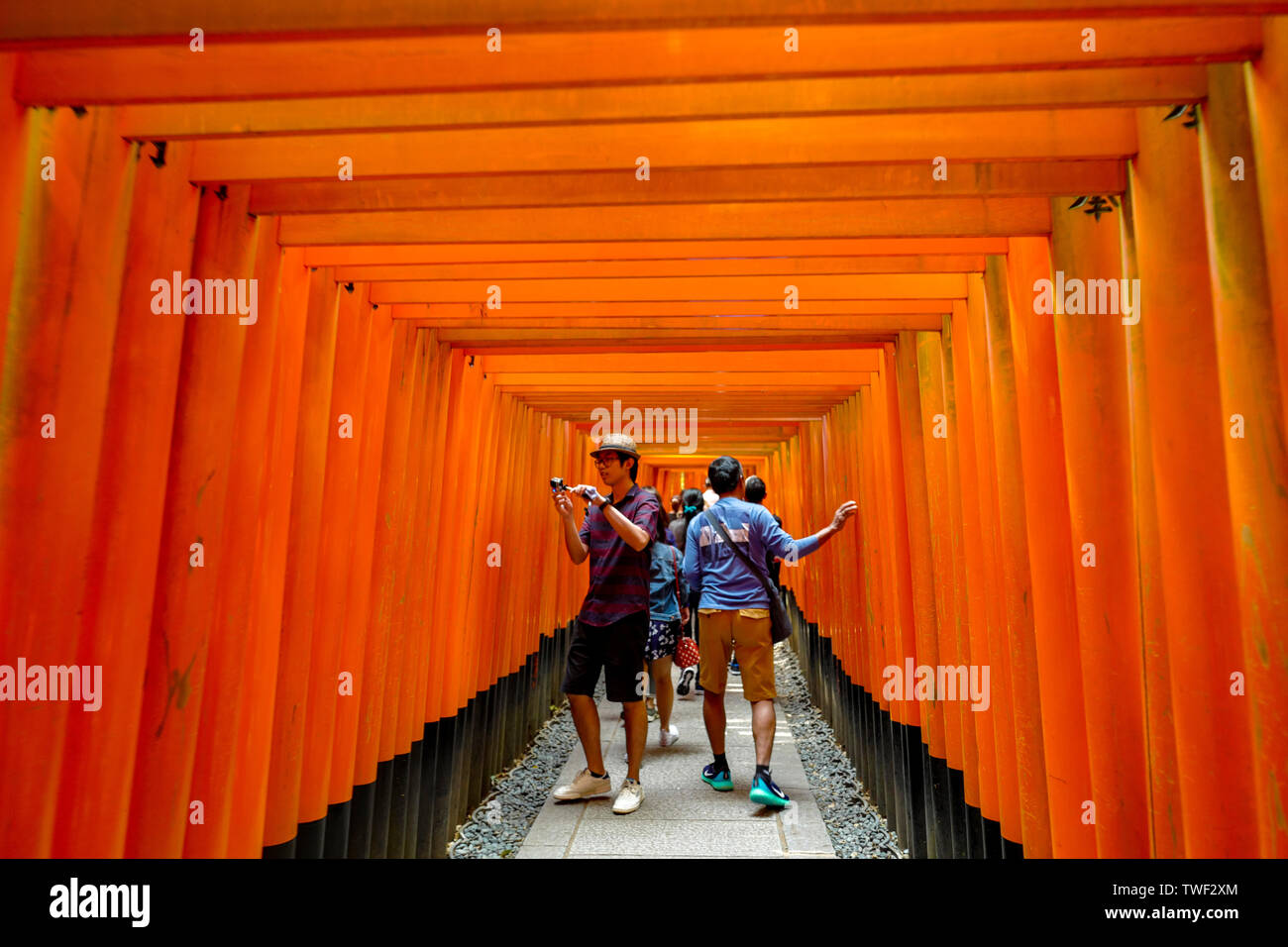 Kyoto, Giappone, 31st, Maggio, 2017. Torii che conduce al santuario esterno. Fushimi Inari Taisha è il santuario di testa di Inari Kami, situato in Fushimi-ku Foto Stock