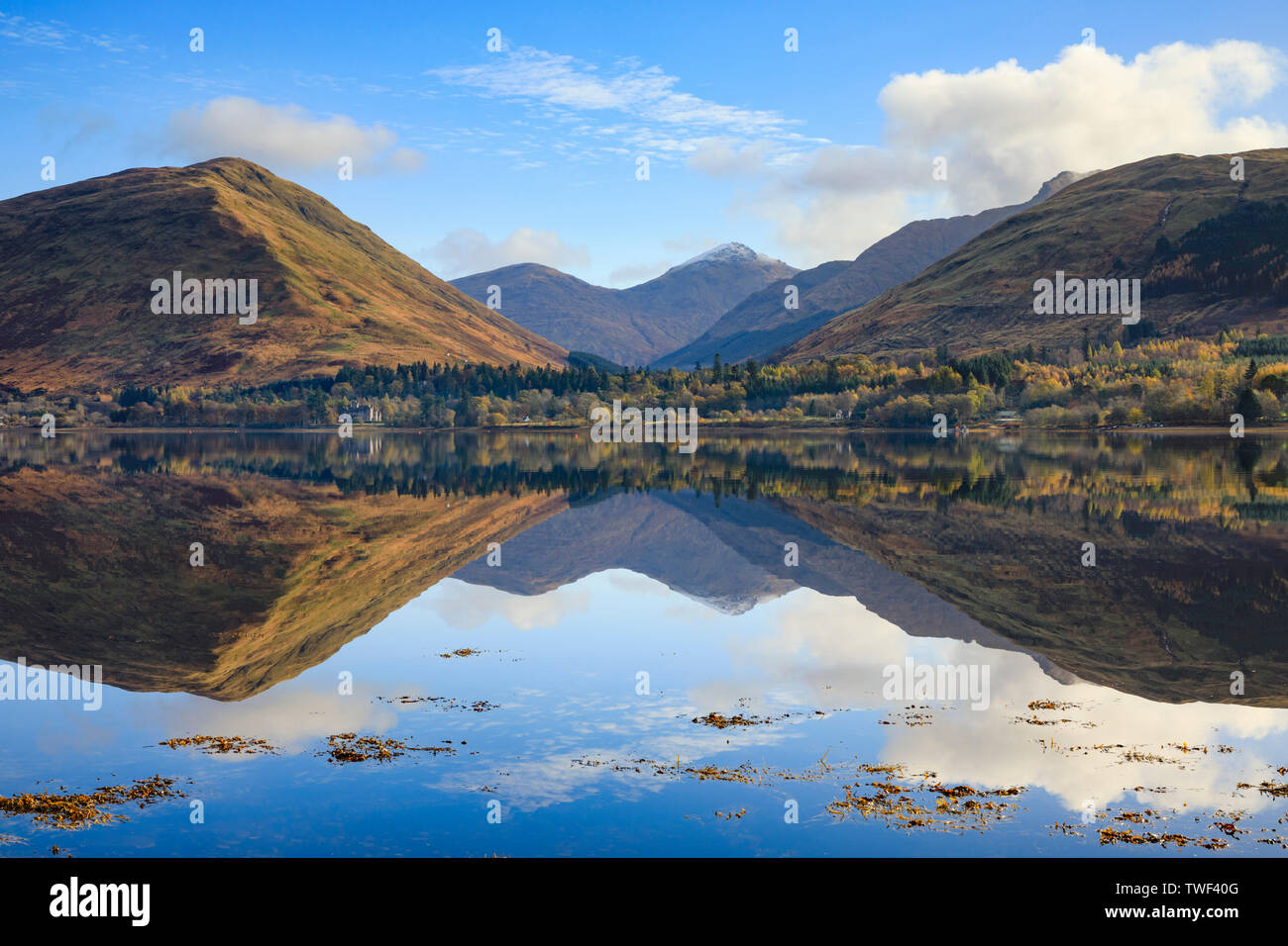 Le Alpi a Arrochar riflessa in Loch Fyne. Foto Stock