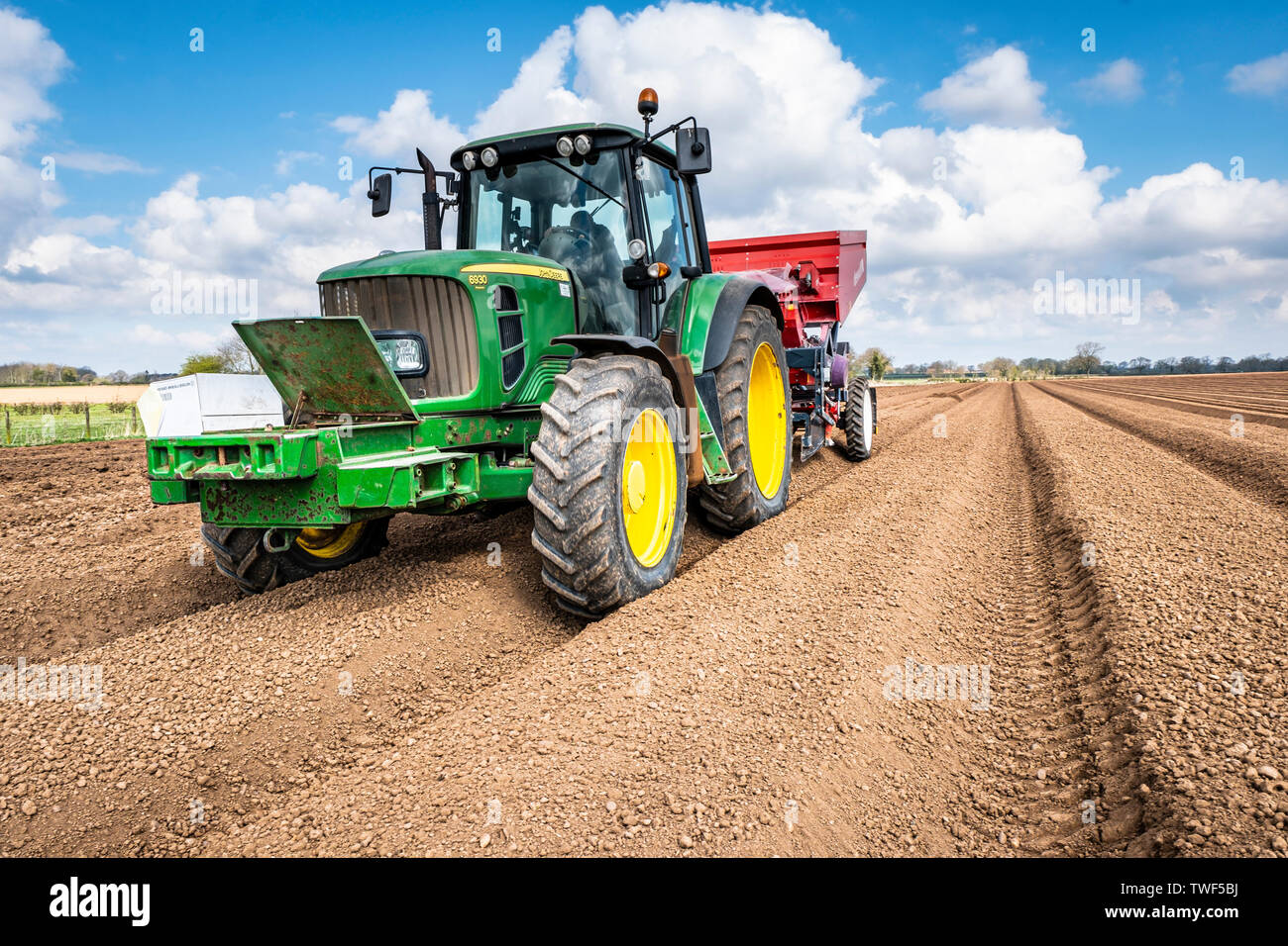 Meccanizzato piantando dei tuberi seme di patate utilizzando un dewulf 3 fila piantatrice cintura dietro ad un trattore John Deere. Foto Stock