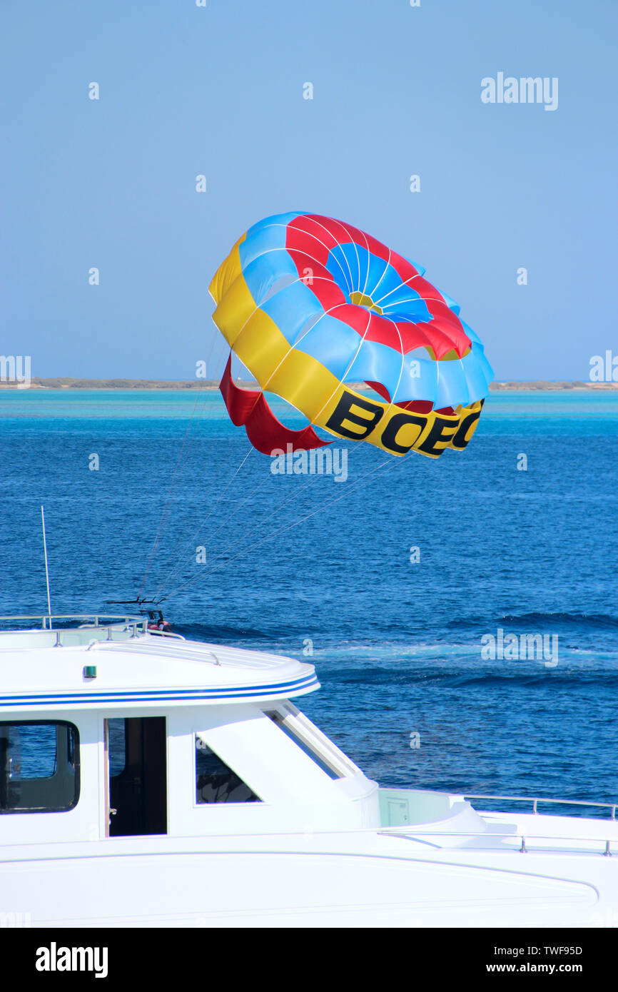 L uomo è appassionato di parasailing oltre il Mare Rosso. Resort tropicale in Egitto. Persone appoggiano su egiziano resort. Concetto di viaggio. Volare sul paracadute dietro la barca su Foto Stock