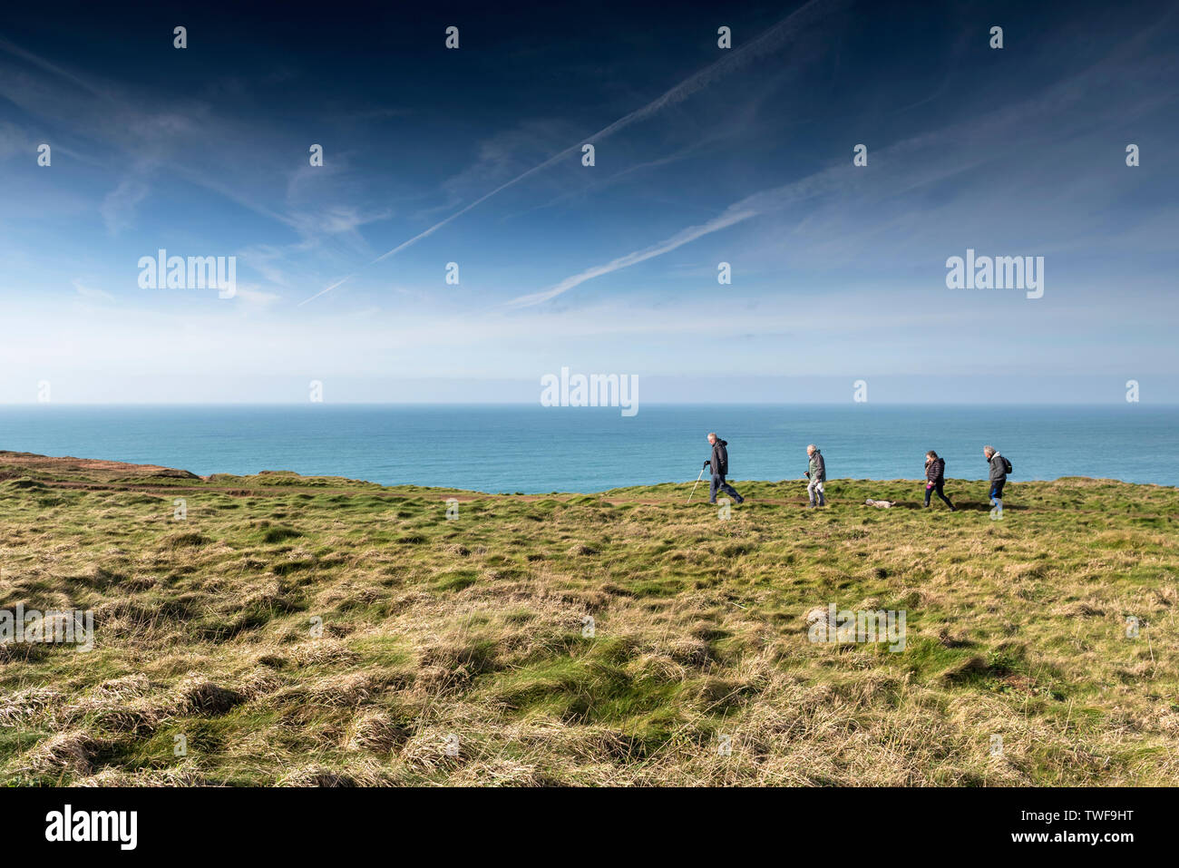 Un gruppo di escursionisti maturi e un cane a camminare lungo la costa sud occidentale il percorso sul North Cornwall coast. Foto Stock