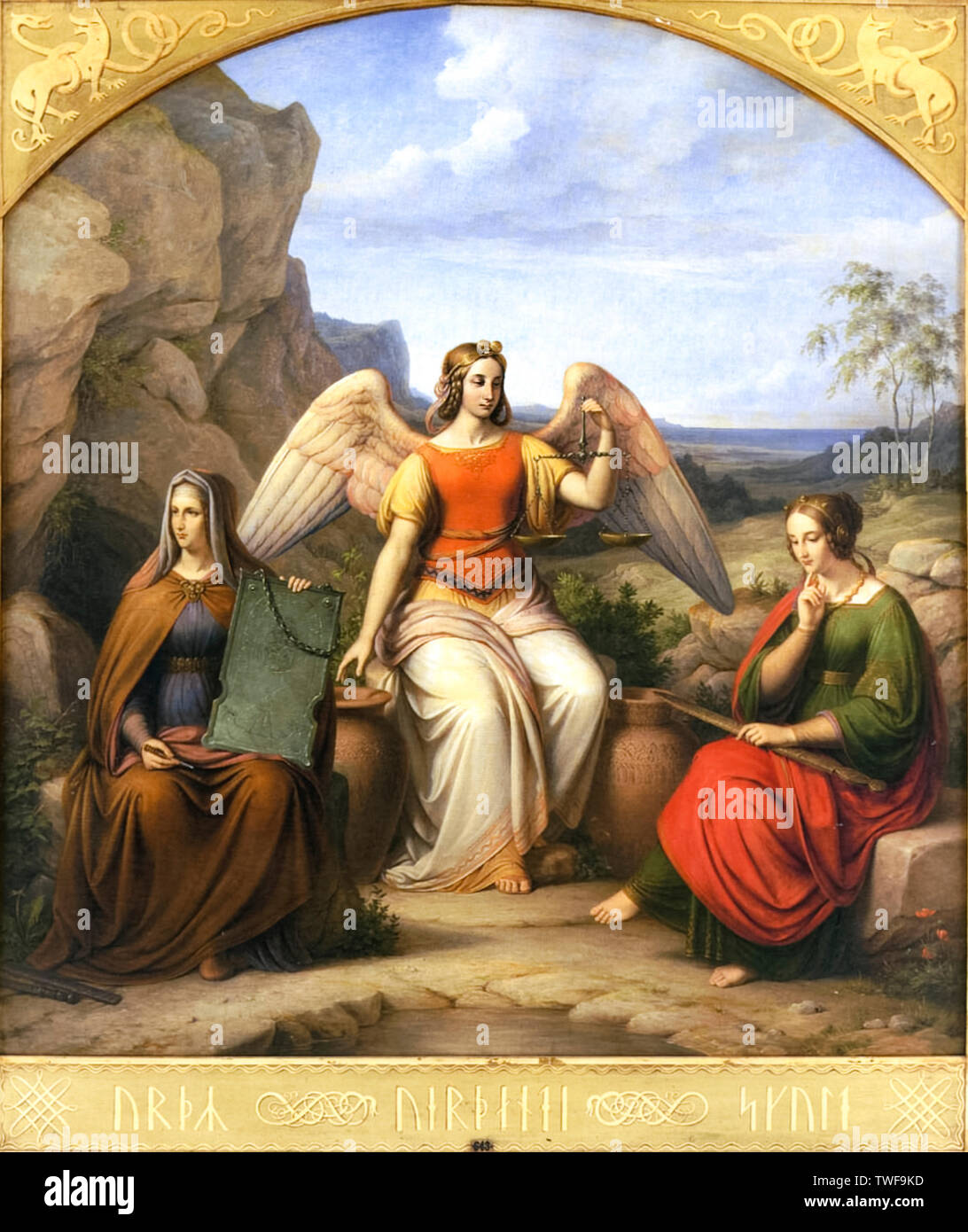I tre Norns 1844 dal pittore danese J.L. Lund (1777-1867) olio su tela in stile romantico che mostra Verðandi con le ali. In mitologia di norvegesi il Norns governava il destino degli uomini. Foto Stock