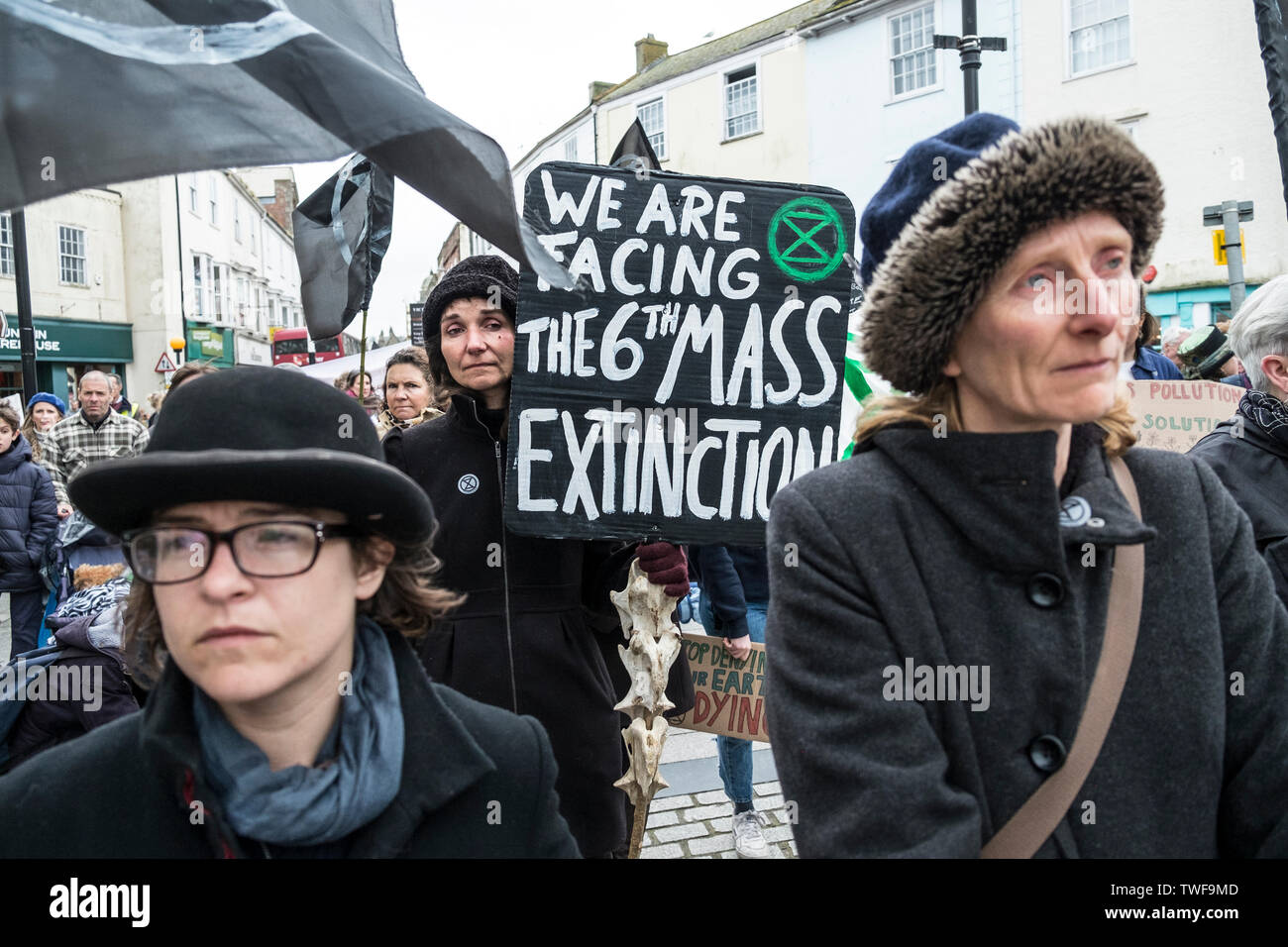 Una protesta da parte di membri della ribellione di estinzione in Truro City Centre in Cornovaglia. Foto Stock