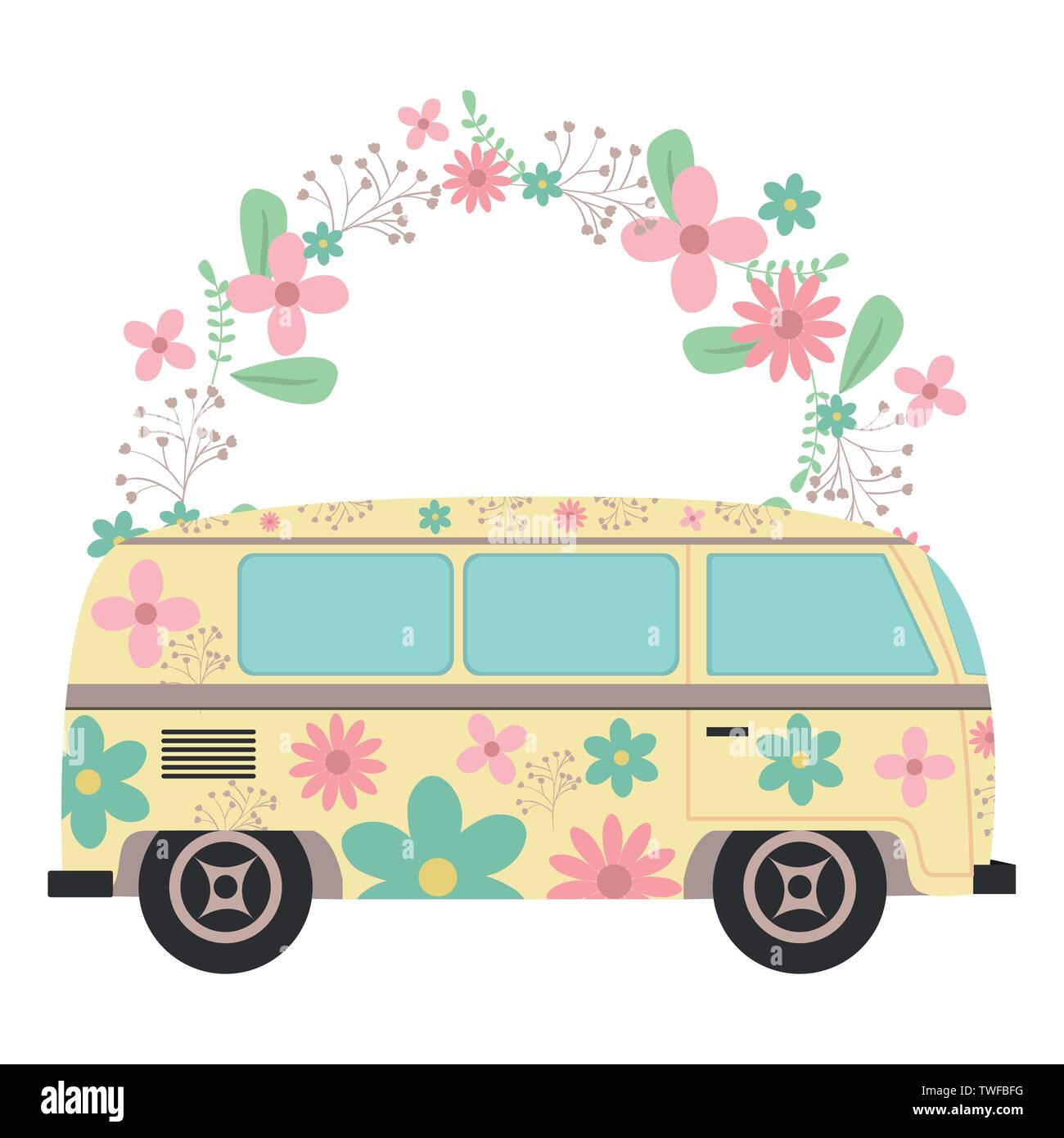 Hippie van con stampa floreale e fiori crown illustrazione vettoriale design Illustrazione Vettoriale