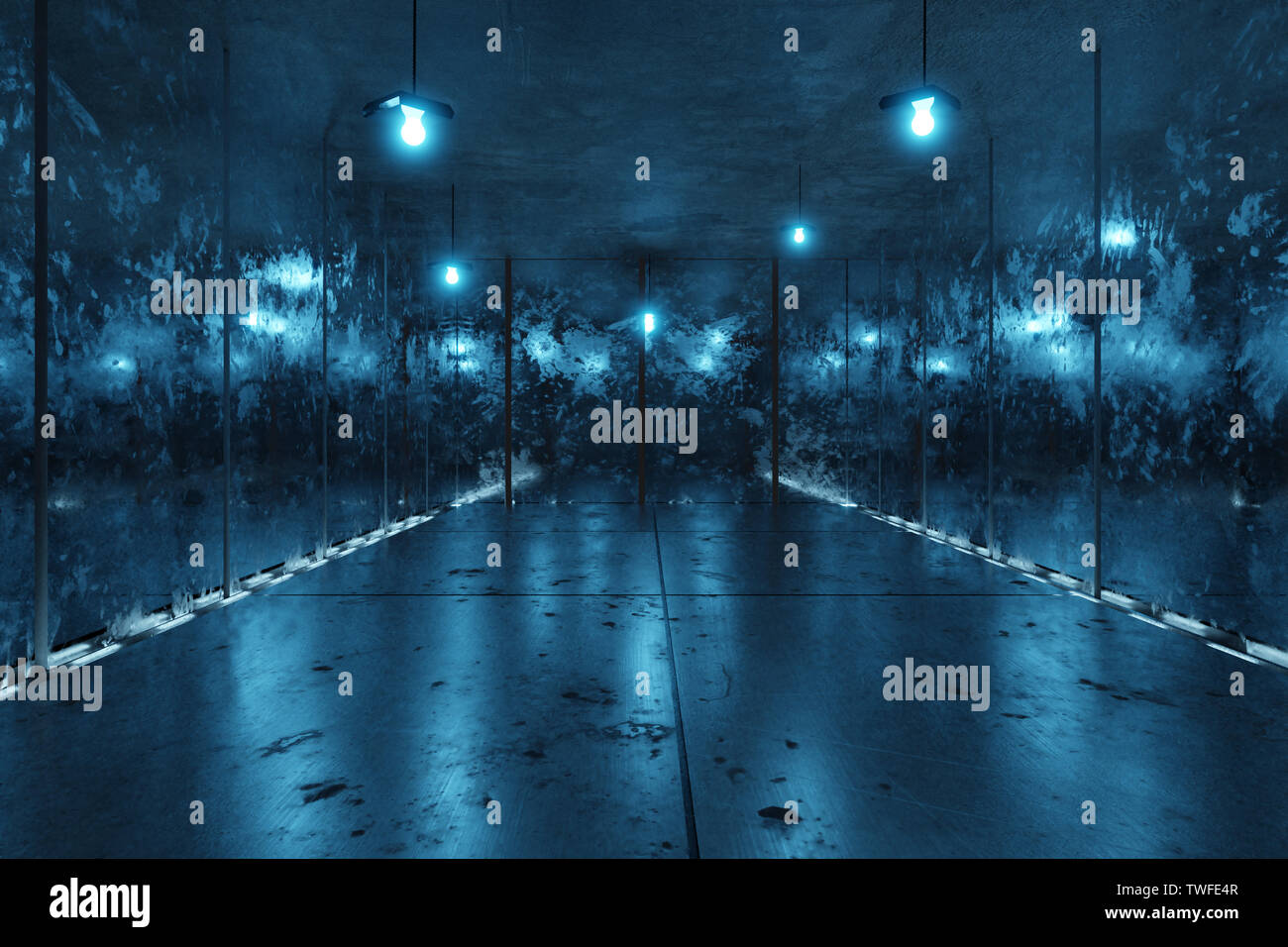 3D rendering di astratta sfondo con luci blu e specchio sporco Foto Stock