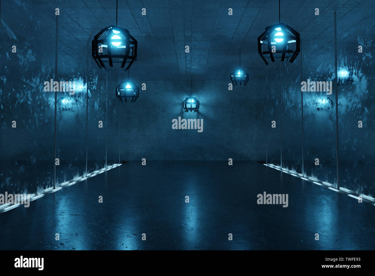 3D rendering di astratta sfondo con luci blu e specchio sporco Foto Stock