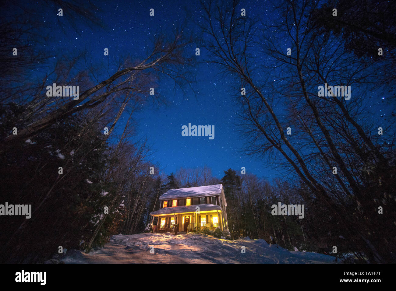 Un accogliente casa nel bosco si illumina sotto un cielo stellato. Foto Stock