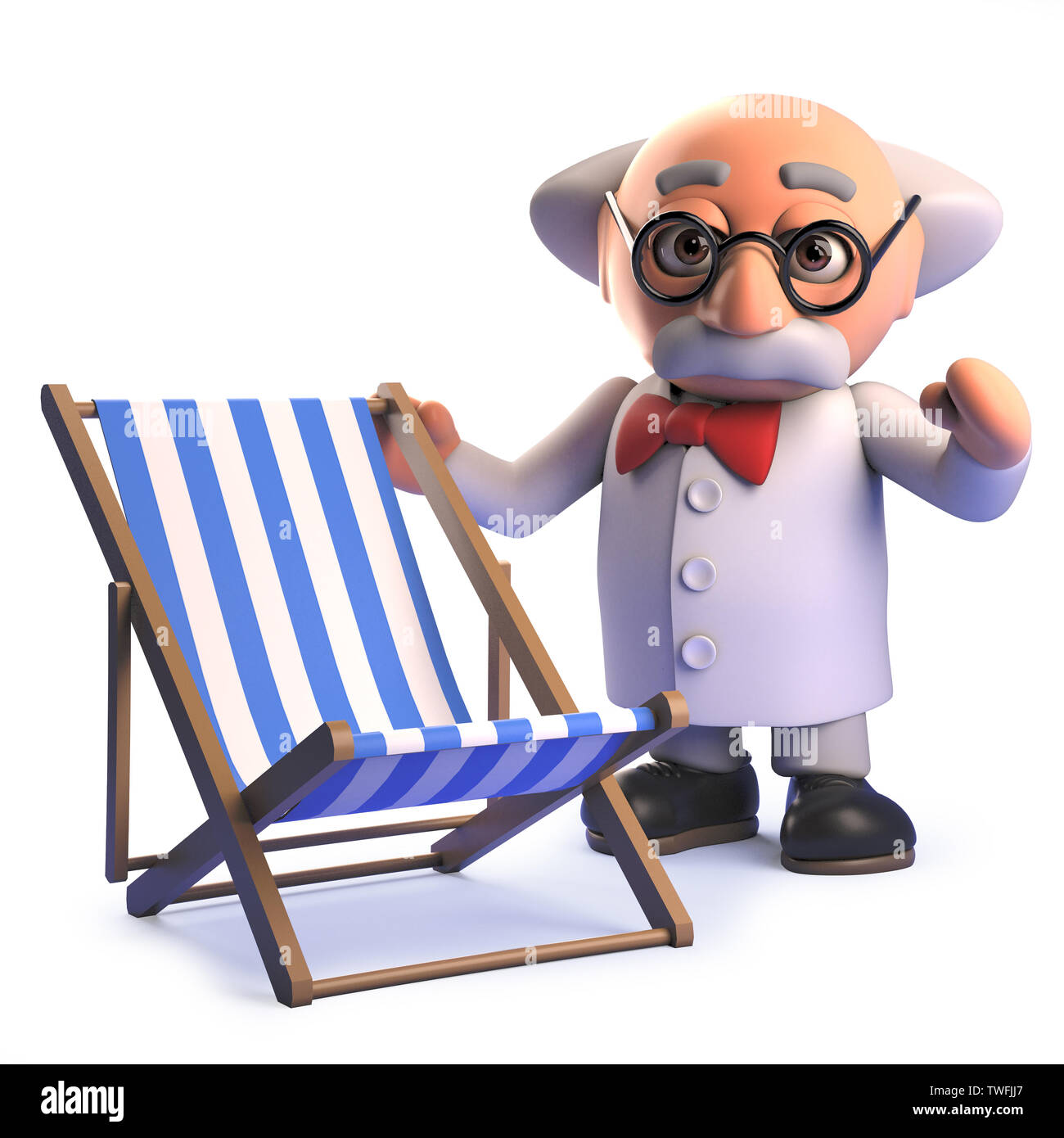 Immagine rappresentata in 3d di un pazzo scienziato pazzo personaggio dei cartoni  animati in 3d in piedi accanto ad una sedia a sdraio per le vacanze Foto  stock - Alamy