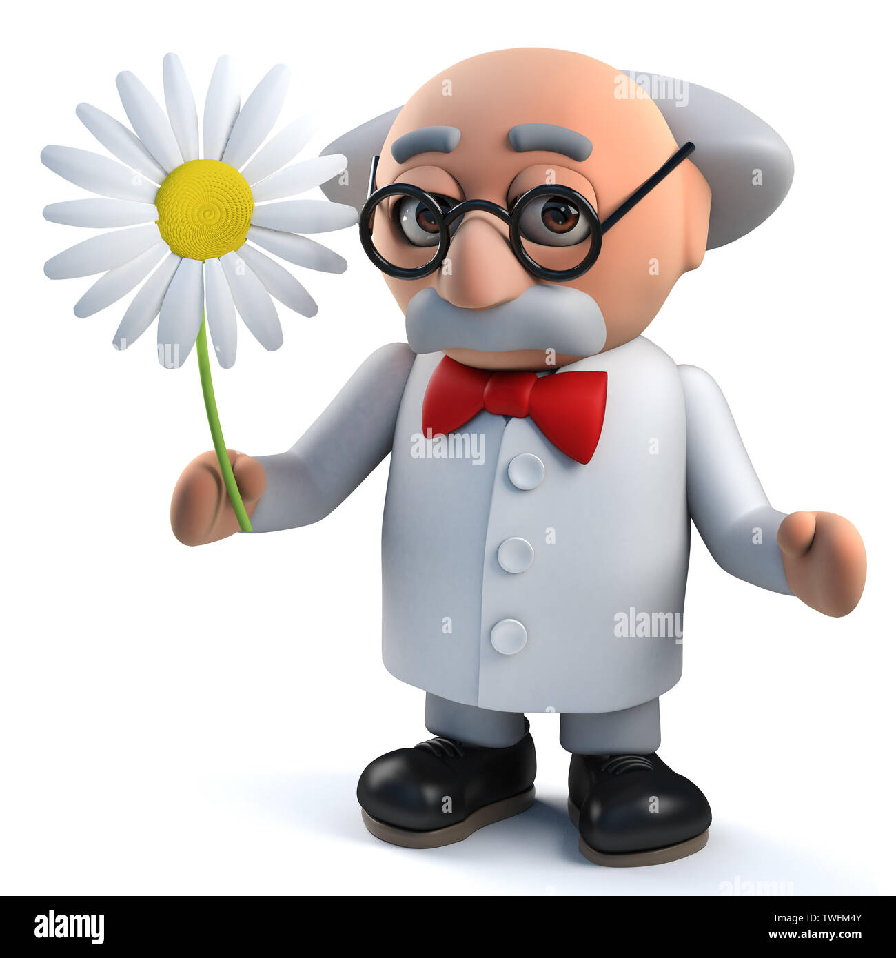 3D render di un pazzo scienziato pazzo personaggio tenendo un fiore in 3D Foto Stock