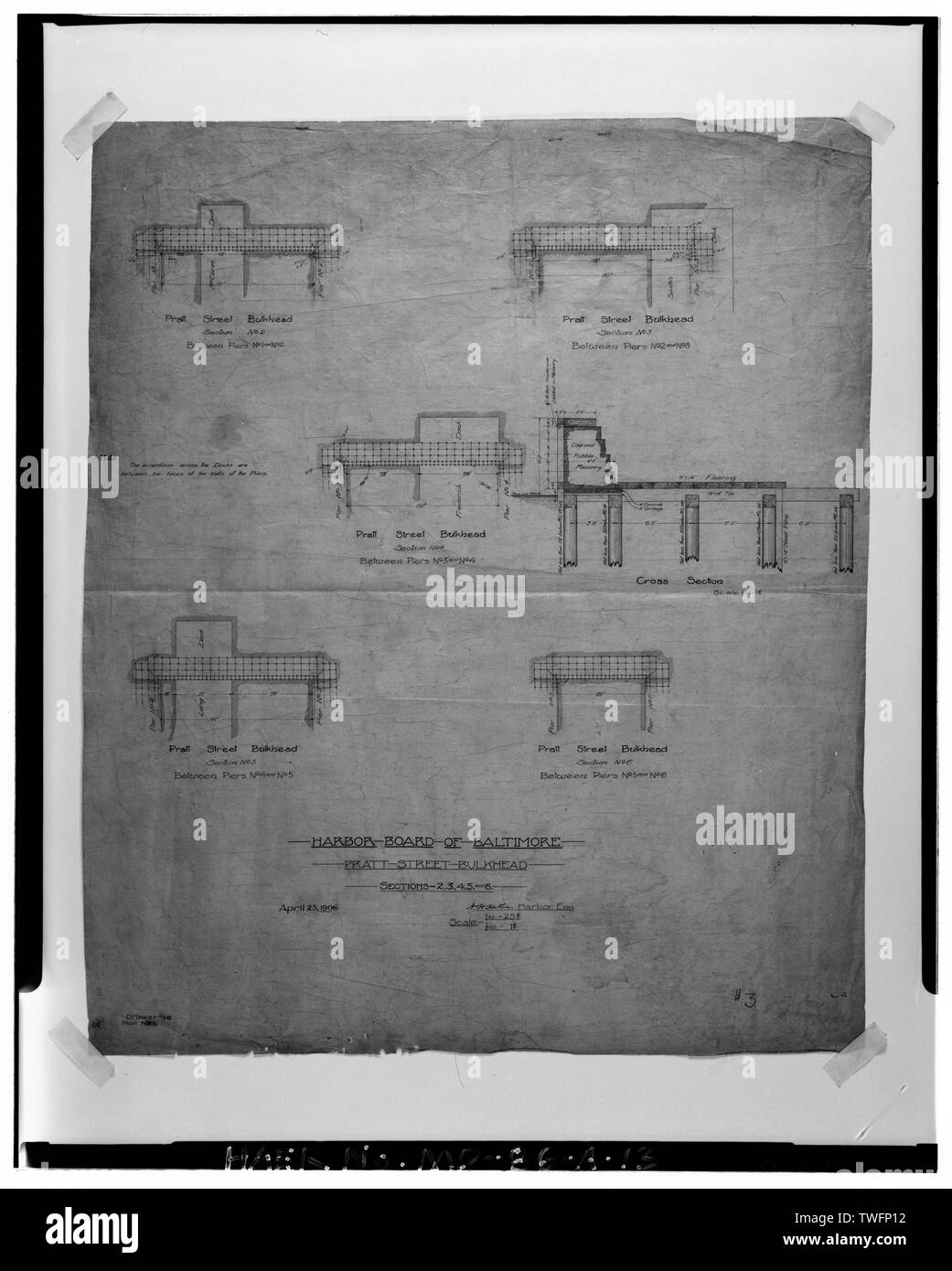 PRATT STREET PARATIA- sezioni 2, 3, 4, 5, e 6, il cassetto 10, PIANO NO. 1, 1 a. = 15 m. E 1-2 in. = 1 ft., 25 aprile 1906, il disegno mostra il DESIGN PER PRATT STREET PARATIA TRA piloni - Baltimore Inner Harbor, Pier 5, a sud di Pratt Street tra luogo di mercato e di concordia Street, Baltimore, Città indipendente, MD Foto Stock