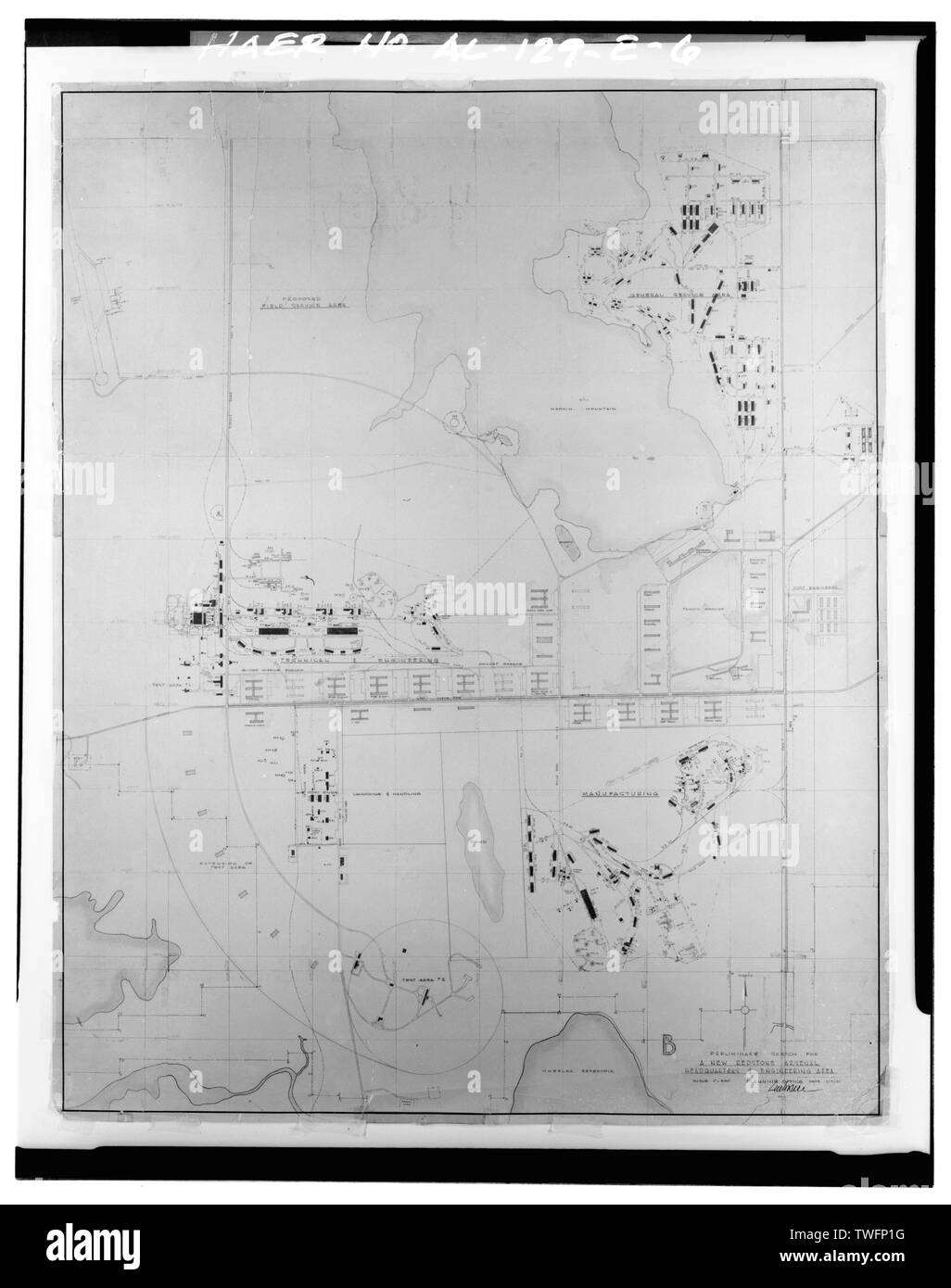 Schizzo preliminare per un nuovo Redstone Arsenal sede e area di ingegneria. (Presente giorno MARSHALL Space Flight Center), compresi Area di prova numero 2 (MSFC, EAST AREA DI TEST). Settembre 1951, Hannes LUEHRSEN raccolta, MSFC MASTER UFFICIO PIANIFICAZIONE. - Marshall Space Flight Center East Area di prova, Dodd Road, Huntsville, Madison County, AL Foto Stock