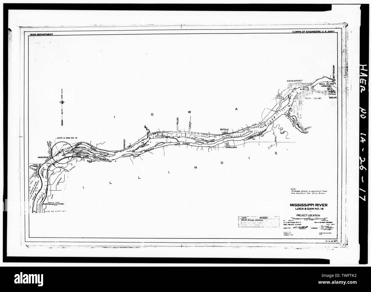 Ubicazione del progetto. Settembre 1933 - Fiume Mississippi 9 piedi Progetto di canale, bloccare e diga n. 16, superiore del fiume Mississippi, Muscatine, Muscatine County, IA Foto Stock