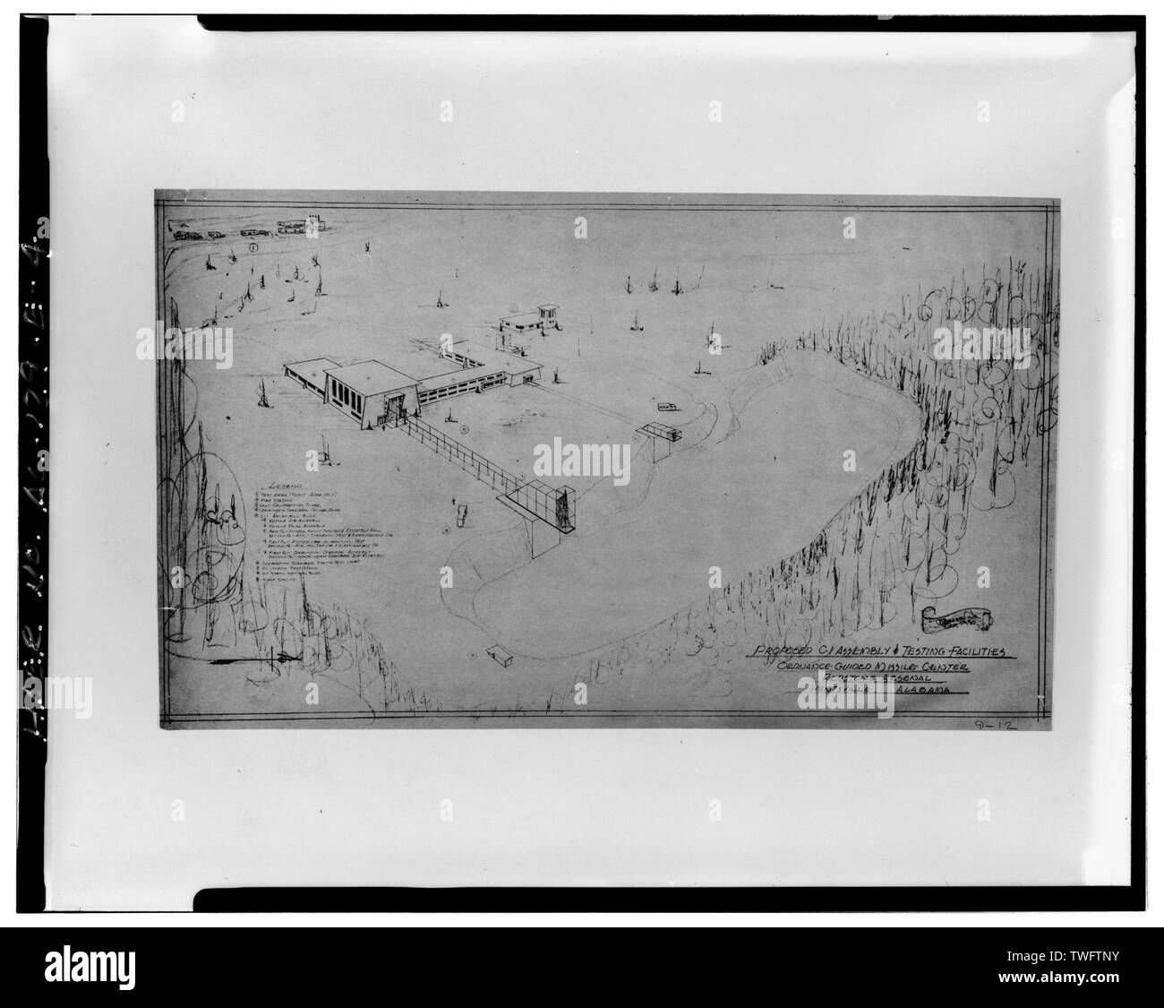 Proposta di C-1 di assemblaggio e di impianti di prova per l'ordinanza MISSILE Centre al Redstone Arsenal, vicino al lato meridionale di MADKIN MOUNTAIN. Ottobre 1950, Hannes LUEHRSEN raccolta, MSFC MASTER UFFICIO PIANIFICAZIONE. - Marshall Space Flight Center East Area di prova, Dodd Road, Huntsville, Madison County, AL Foto Stock