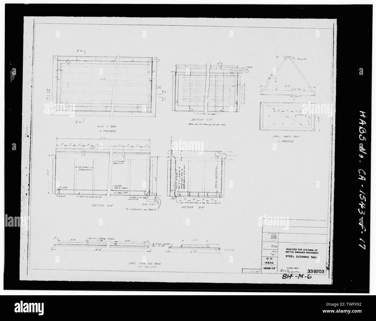 PWD disegno 11239-13 (814-M-6) (1944), "attrezzature per la pulizia della battaglia di macchine danneggiate, acciaio pulizia serbatoio' - Mare isola Cantiere Navale, Pulitura chimica Facility, Nord della quattordicesima strada tra la California e la ferrovia Avenue, Vallejo, Solano County, CA Foto Stock