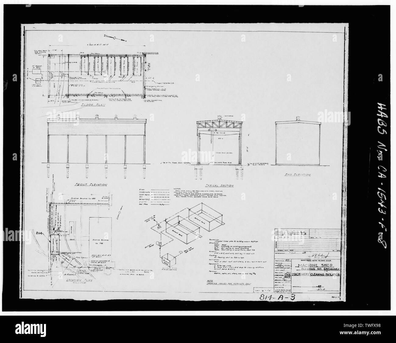 PWD disegno 10,220-216 (814-A-3) (1945), 'Machine Shop Edificio n. 680 allegato, la macchina per la pulizia degli impianti - Mare isola Cantiere Navale, Pulitura chimica Facility, Nord della quattordicesima strada tra la California e la ferrovia Avenue, Vallejo, Solano County, CA Foto Stock
