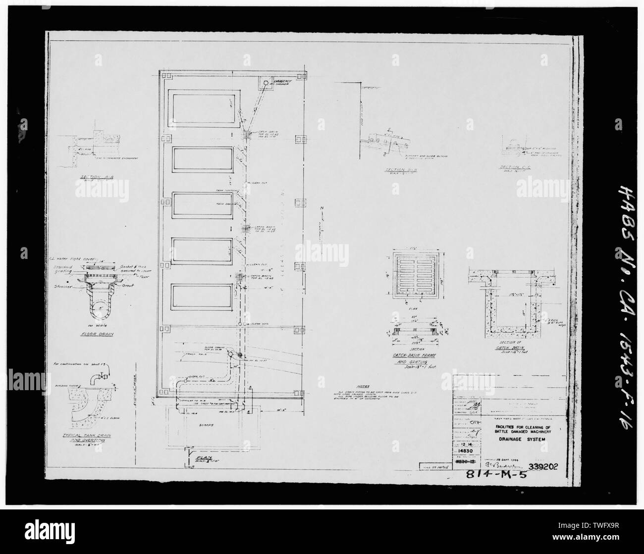 PWD disegno 11239-12 (814-M-5) (1944), "attrezzature per la pulizia della battaglia di macchine danneggiate, sistema di drenaggio' - Mare isola Cantiere Navale, Pulitura chimica Facility, Nord della quattordicesima strada tra la California e la ferrovia Avenue, Vallejo, Solano County, CA Foto Stock