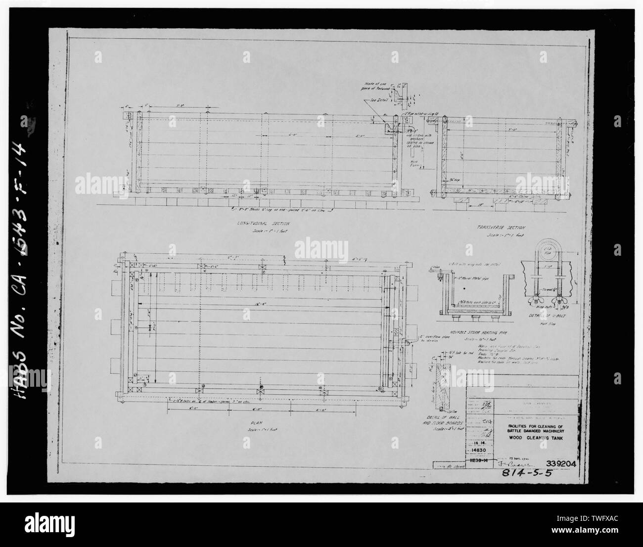 PWD disegno 11239-14 (814-S-5) (1944), "attrezzature per la pulizia della battaglia di macchine danneggiate, legno pulizia serbatoio' - Mare isola Cantiere Navale, Pulitura chimica Facility, Nord della quattordicesima strada tra la California e la ferrovia Avenue, Vallejo, Solano County, CA Foto Stock