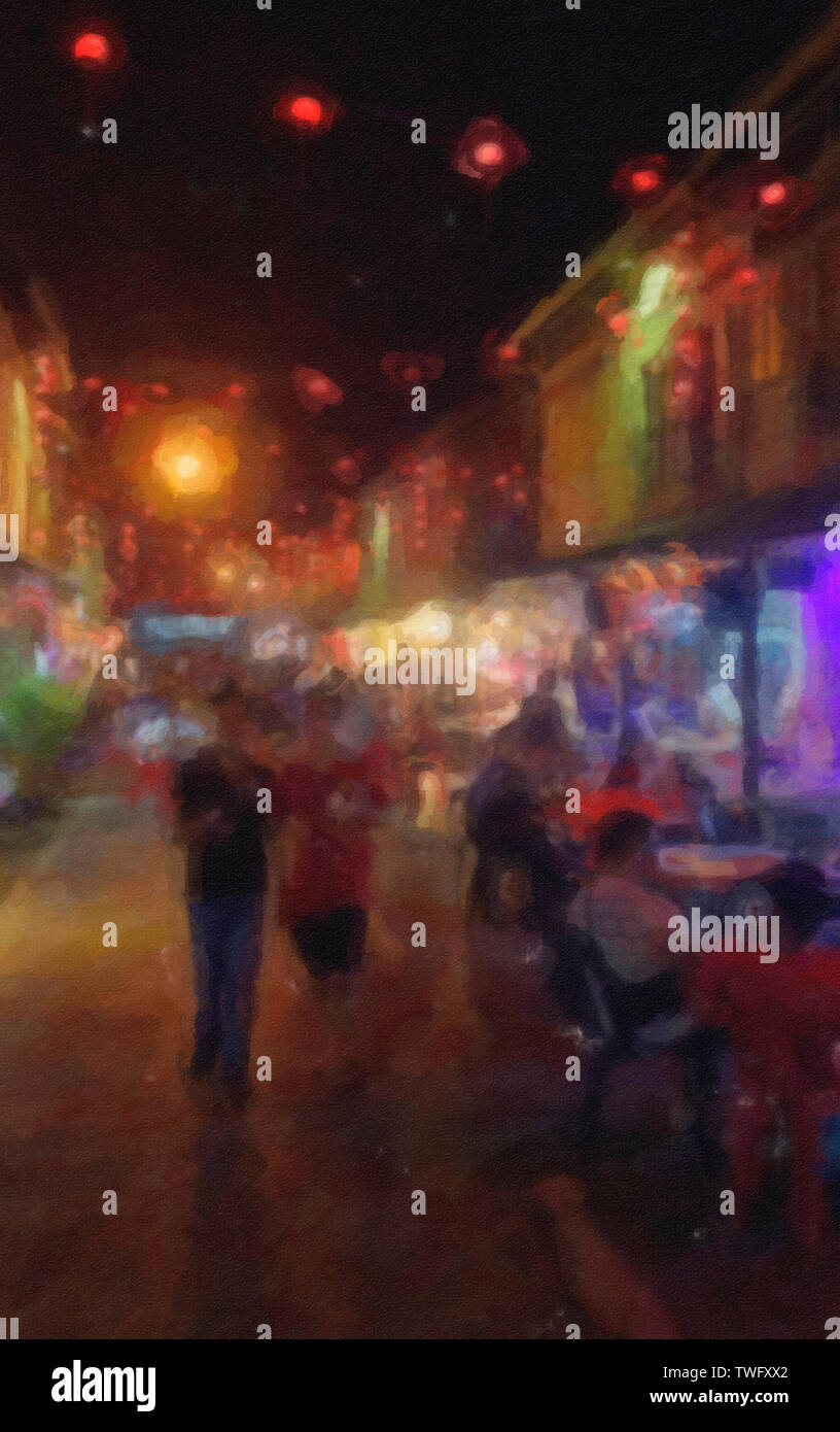 Acquerello digitale effetto acquerello pittura di Siniawan mercato notturno e hawker bancarelle, vicino a Kuching, Sarawak, Malaysia Foto Stock