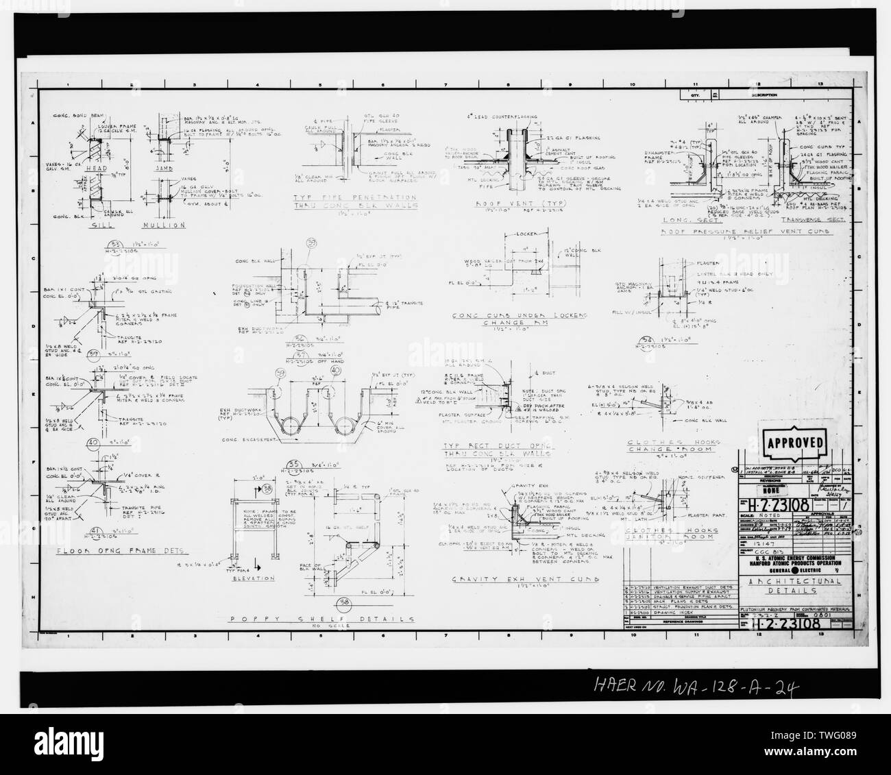 Il recupero del plutonio da materiali contaminati, Dettagli architettonici, edificio 232-z, U.S. Commissione per l'energia atomica, Hanford prodotti atomico il funzionamento, General Electric Company, dwg. No. H-2-23106, 1959. Plutonio - impianto di rifinitura, inceneritore di rifiuti Facility, 200 Zona Ovest, Richland, Benton County, WA Foto Stock